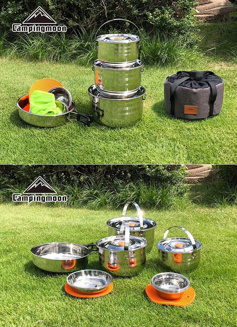 CAMPINGMOON - Juego de utensilios de cocina de acero inoxidable para acampar al aire libre, ollas y sartenes con bolsa de transporte de almacenamiento