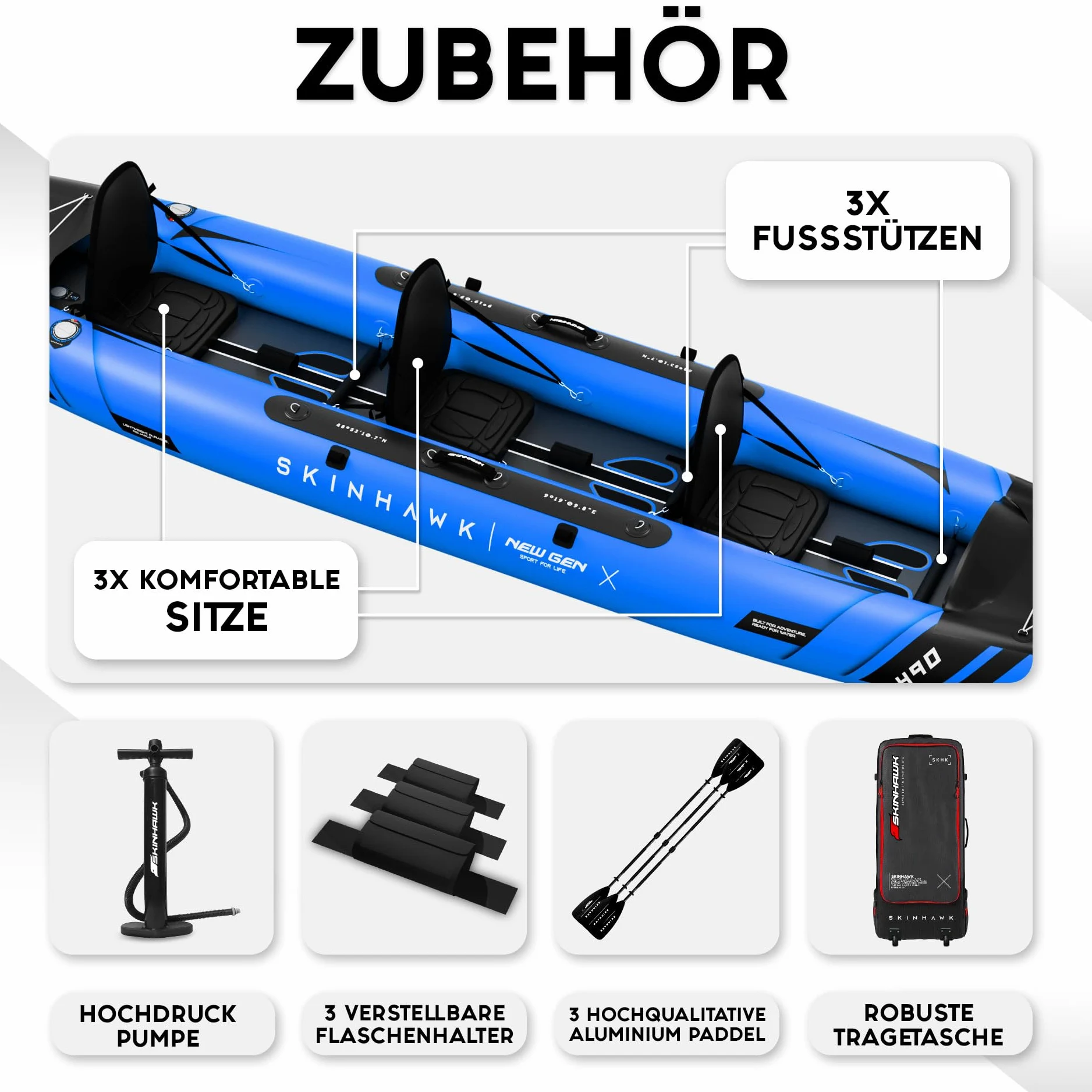 SKINHAWK Prestige Blue Kayak Set 490 – Barco inflable – Canoa – 490 x 96 cm – Kayak para 3 personas