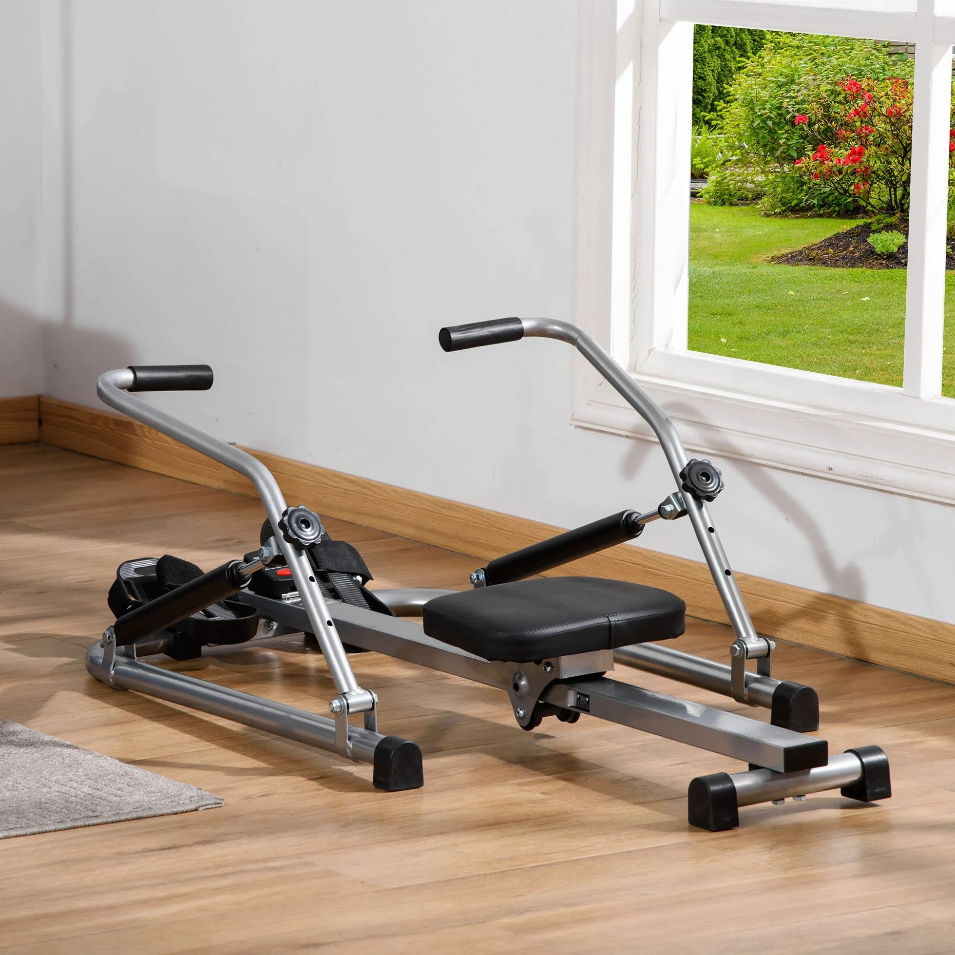 HOMCOM Máquina de Remo Hidráulico Plegable con 3 Niveles de Resistencia Monitor Digital y Pedal Antideslizante para Fitness en Casa Acero 129x70x70 cm Negro y Plata