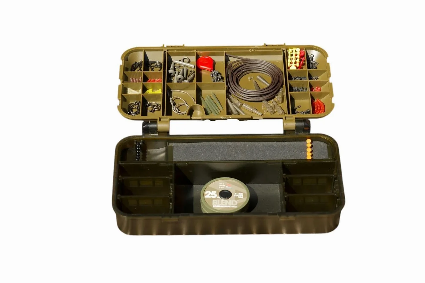 One More Cast Caja De Aparejos Con Parrilla Mixta, Kit De Aparejos De Terminal De Pesca De Carpas Con Ganchos, Giratorios, Tubos, Trenzas Y Componentes De Aparejo, Estuche Organizador Verde Oliva | Ganchos giratorios, tubos, trenzas y componentes de apare