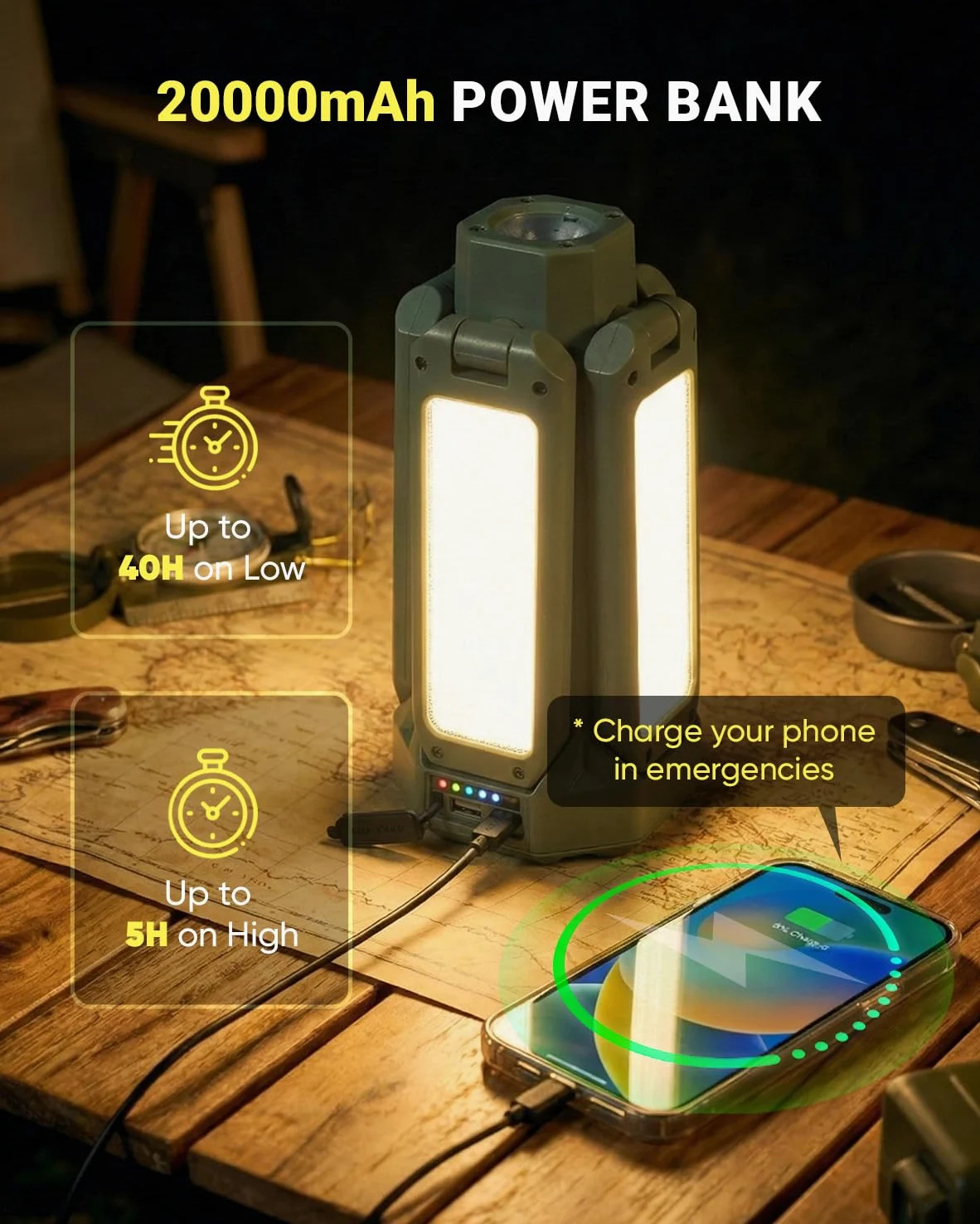 SakerNeo Linterna de camping y linterna recargable, 6500 lm, batería de 20000 mAh, 3 modos de color con base magnética, trípode ajustable (58-67 pulgadas) para camping, emergencia, luz de trabajo
