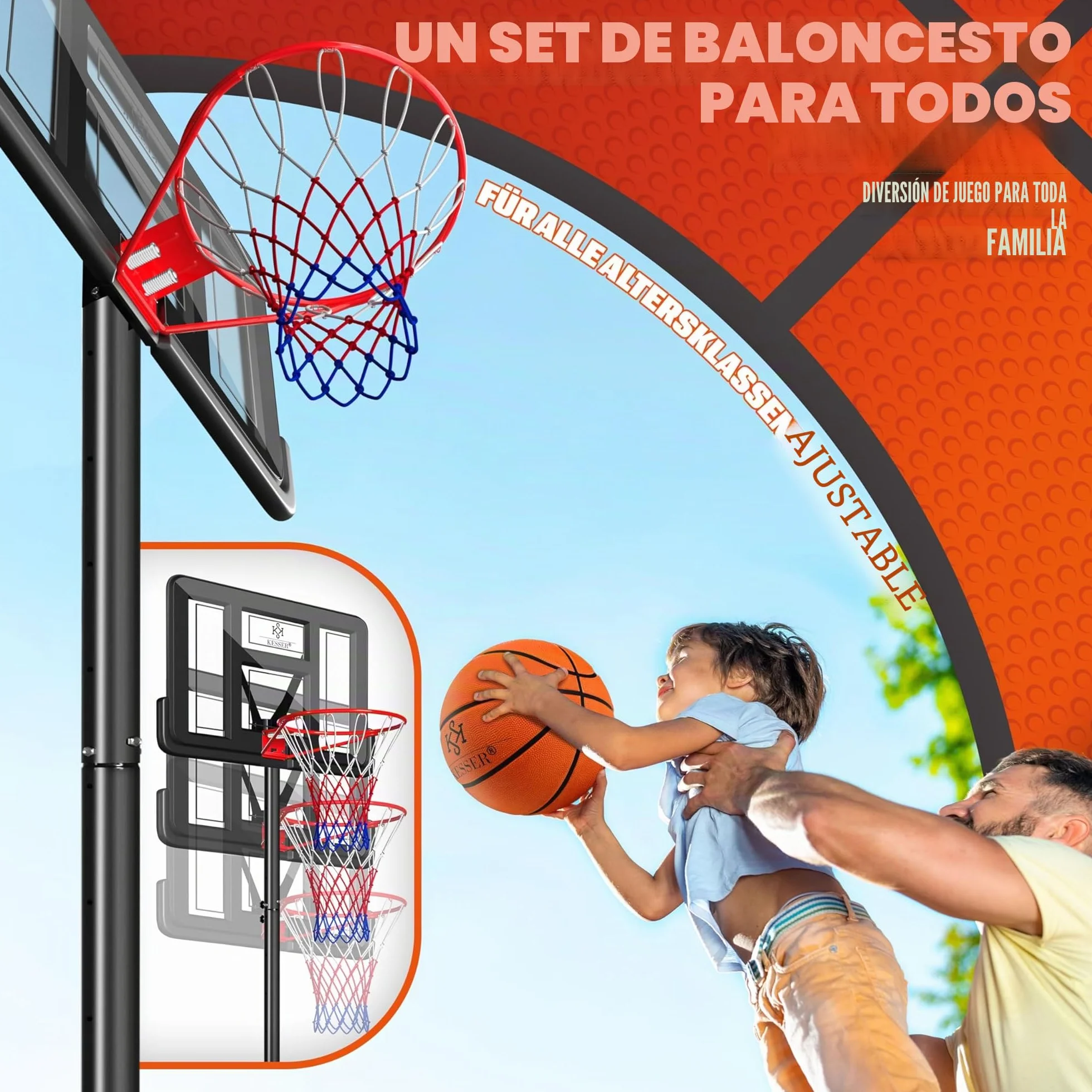 KESSER Canasta de Baloncesto Premium 230-305 cm Altura Regulable Base Ruedas Balón Inflador