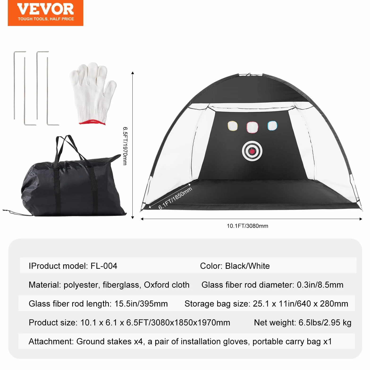 VEVOR Red de Golf 3080 x 1850 x 1970 mm Entrenamiento Swing Interior Exterior con Objetivo y Bolsa de Transporte