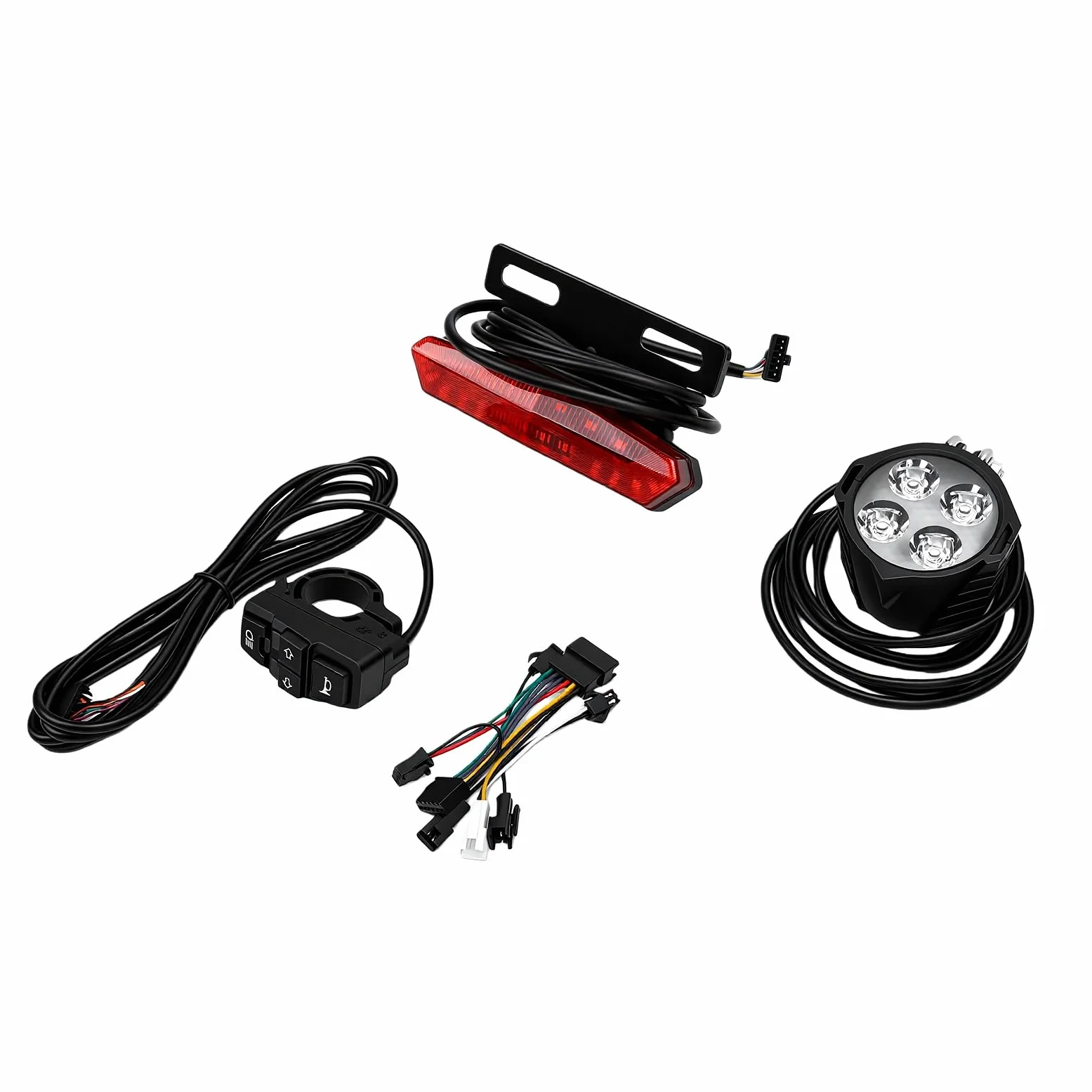 Alomejor Luces para Bicicleta Juego de Luces para Bicicleta Eléctrica con Faro LED y Luz Trasera, Lámpara Delantera de 4 LED de 400 LM con Bocina e Interruptor de Control del Manillar para Viajeros