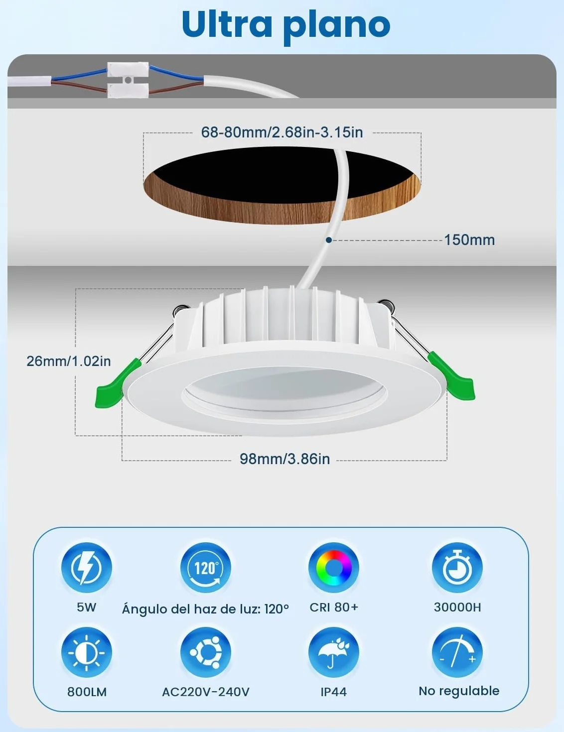 Focos LED Empotrables Techo 5W 4000K 800lm Blanco Neutro 230V IP44 No Regulable Corte Ø68-80mm