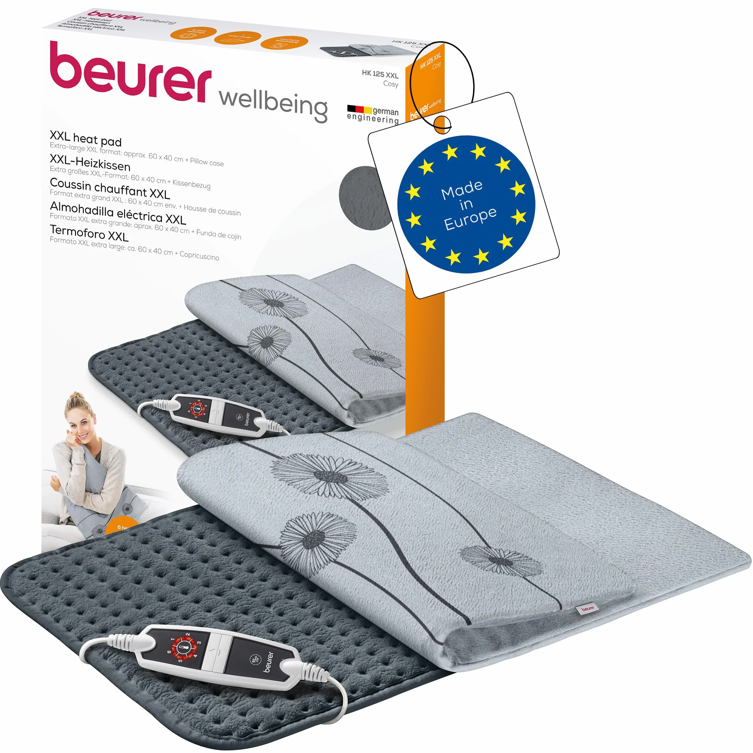 Beurer HK 125 Almohadilla eléctrica XXL, 6 ajustes temperatura, desconexión automática, lavable, 60x40 cm