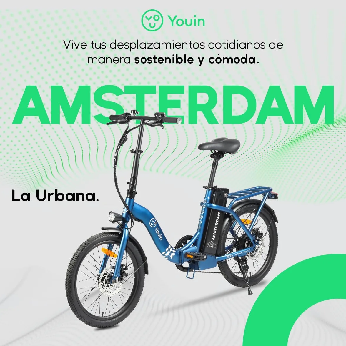 Youin Amsterdam Bicicleta Eléctrica Plegable 20" | Motor Trasero 250W 40Nm, Batería Extraíble 281Wh, Hasta 45 km de Autonomía, 7 Velocidades, Frenos de Disco