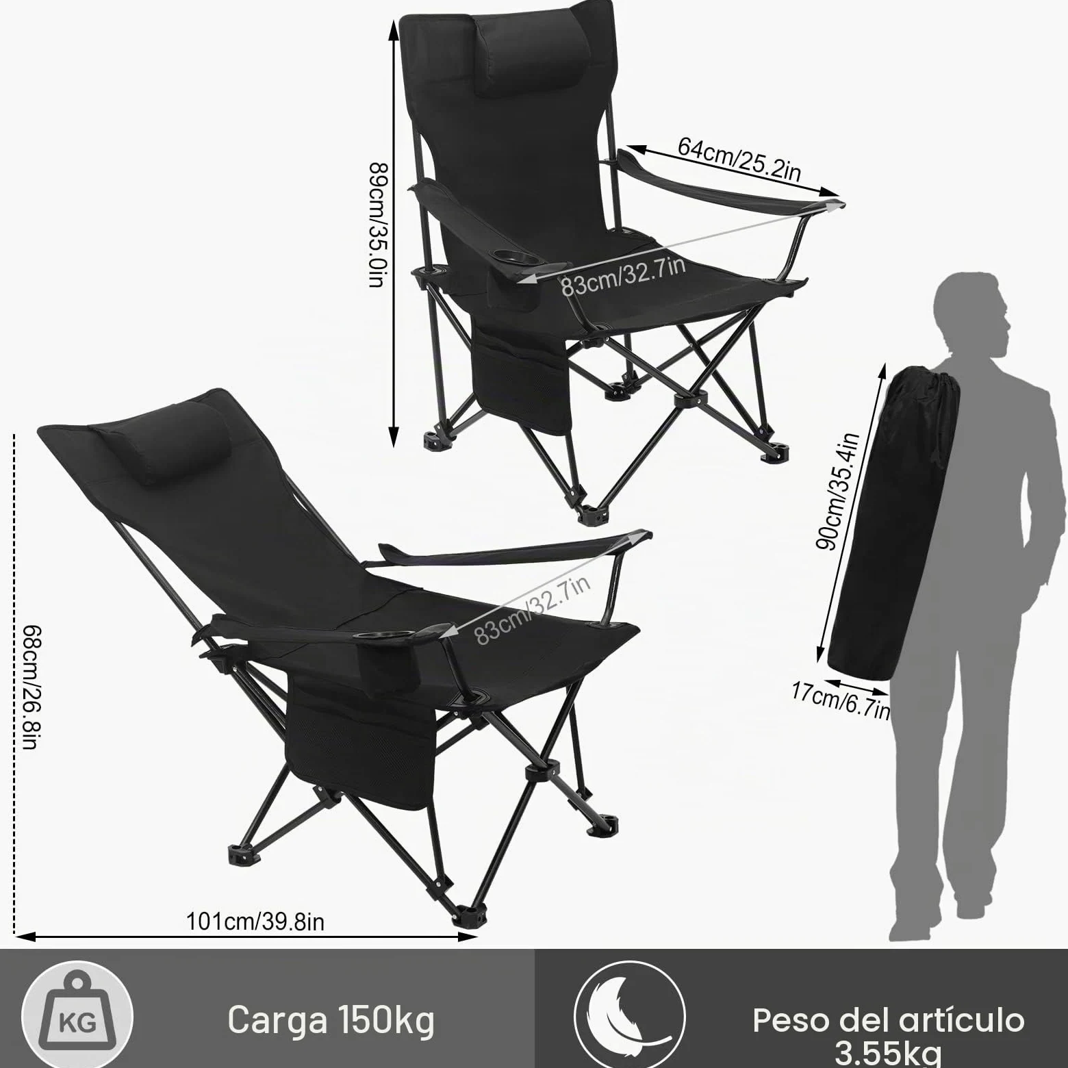 WOLTU Sillas Plegables Camping, Juego de 2 Sillas Portátiles para Exterior, Ligera para Jardin Playa Picnic y Pesca, hasta 150 kg, Negro