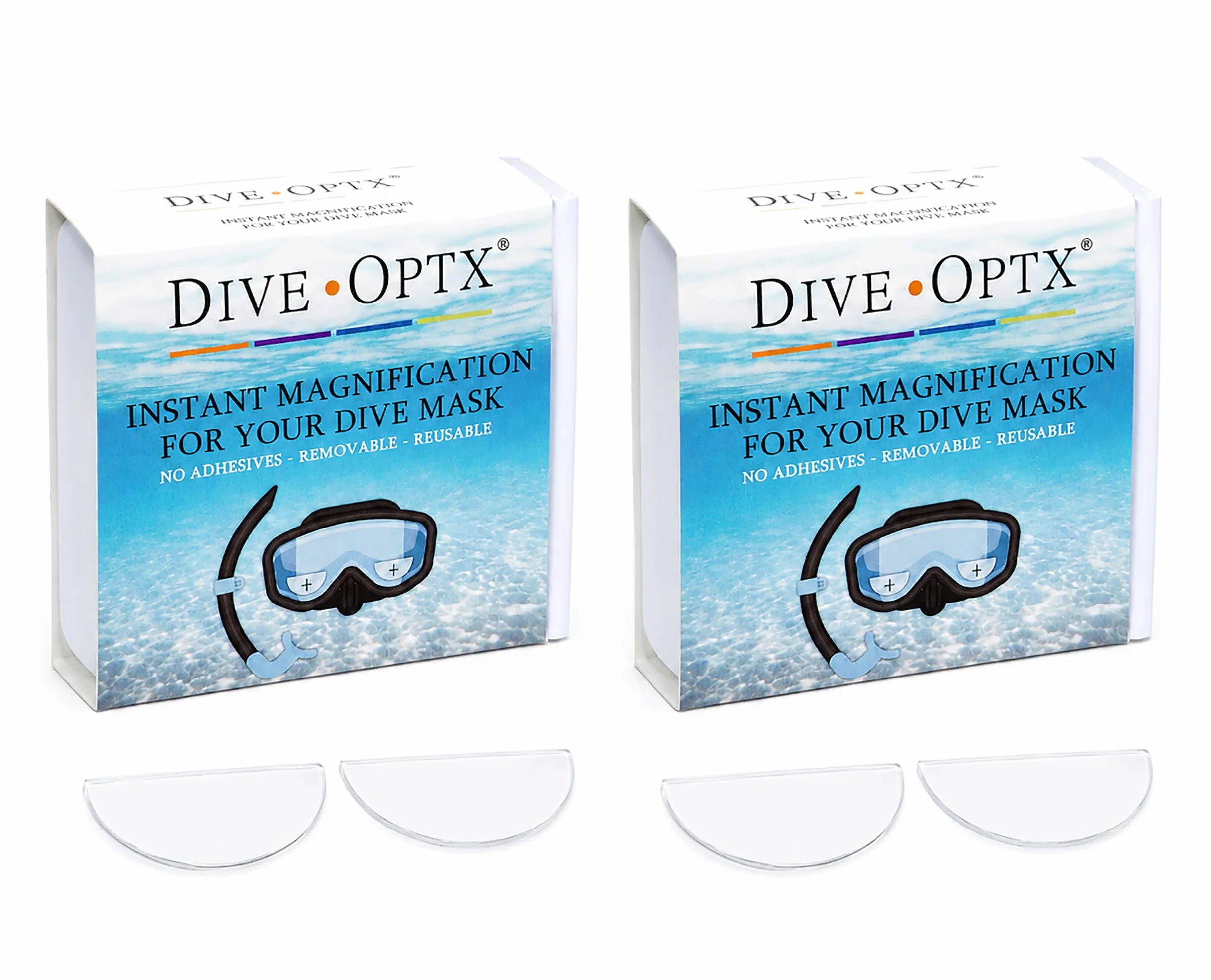 Calabria Hydrotac Dive OPTX 20/20 - Lentes bifocales adhesivas + 2.00, paquete de 2 máscaras de buceo con aumento y calcomanías bifocales