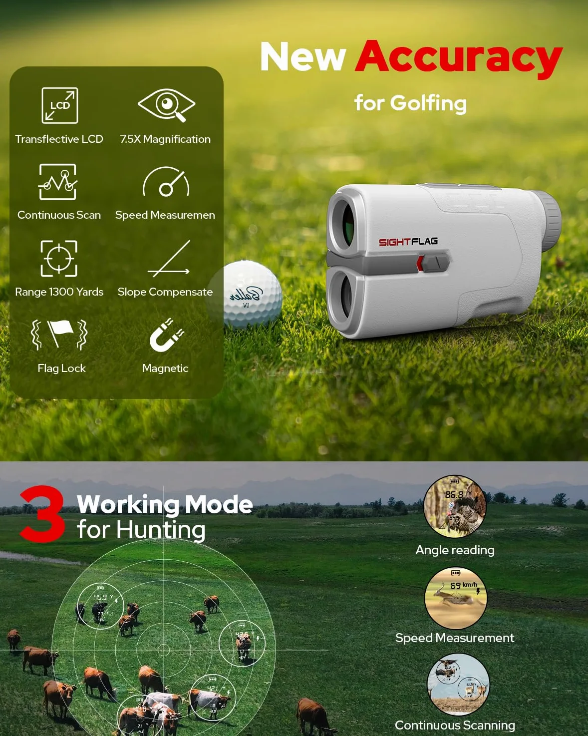 Telémetro de golf con pendiente, 1300 yardas láser para caza, aumento de 7.5X, mástil de bandera, bloqueo de vibración, buscadores de rango recargables con imán, accesorios de golf, regalo para