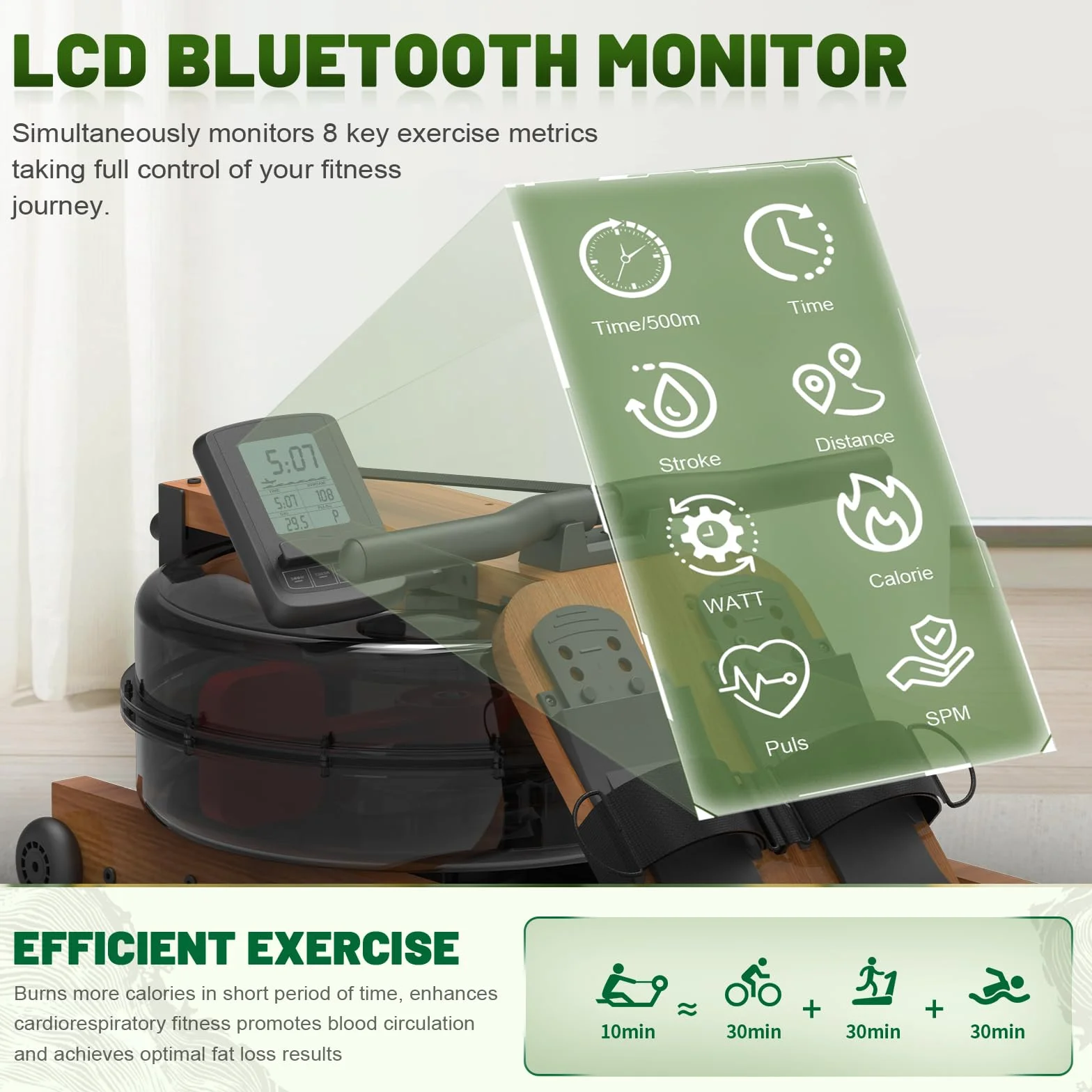 Kitopa Máquina de Remo para Gimnasio en casa, máquina de Remo Plegable de Madera de Roble con Monitor Bluetooth y Soporte Ajustable para teléfono, máquina de Remo de Agua con Capacidad de Peso de 200
