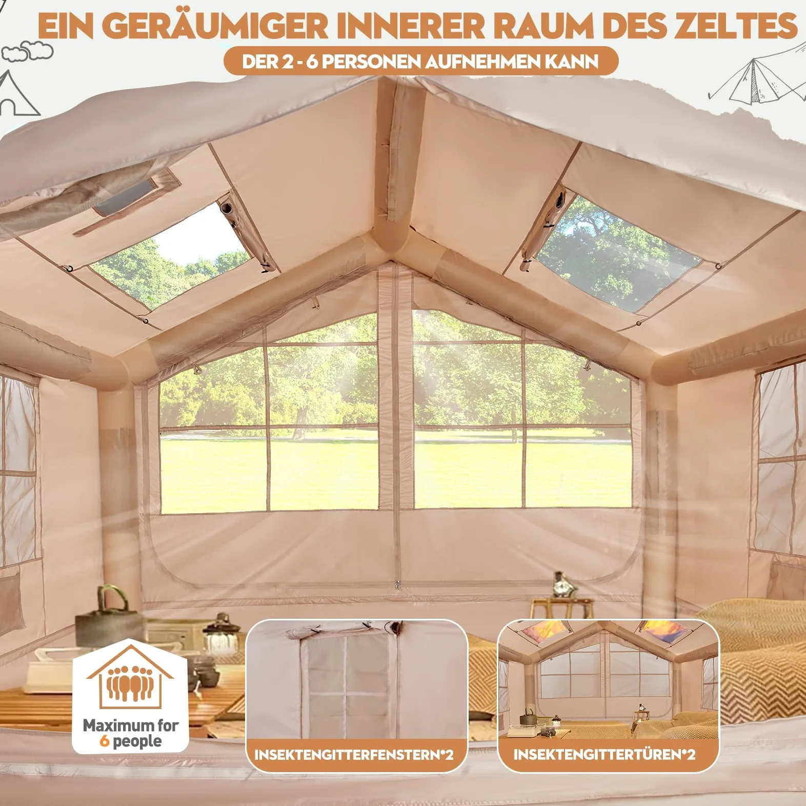 Tienda de campaña Hinchable de 2,5 m con Apertura de Chimenea y claraboya, Tienda de casa de Exterior Tienda para 2-6 Personas con Bomba de Aire, Tejido Oxford, 4 Estaciones, Impermeable