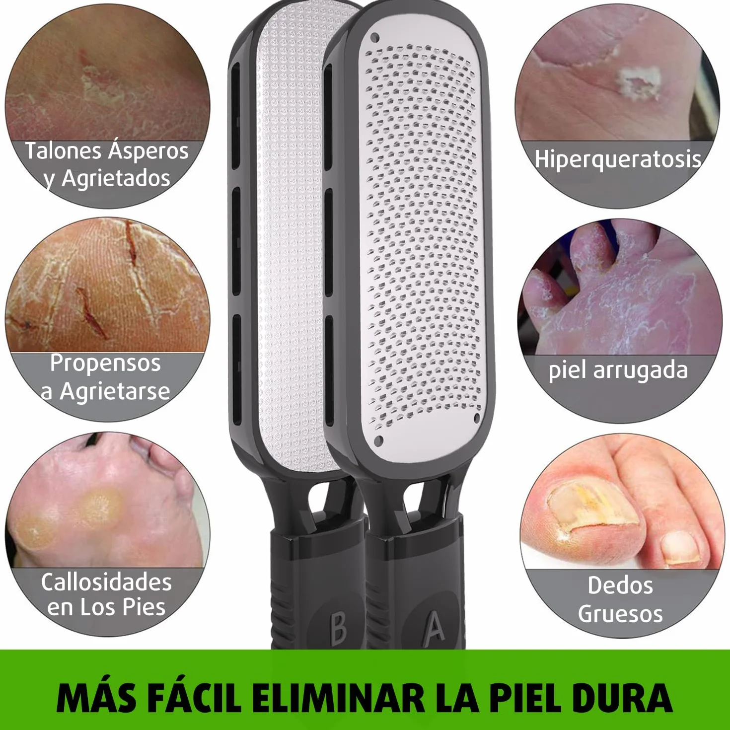 Raspador Doble Textura Acero Inoxidable Antideslizante Mango Ergonómico Pedicura Manual