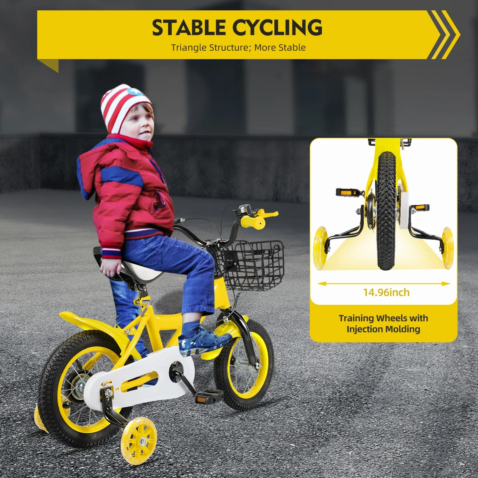Bicicleta infantil de 14 pulgadas para niños y niñas, adecuada para niños de 3 a 7 años, con ruedas estabilizadoras, sillín y manillar ajustables, protector de cadena y reflectores; incluye botella de
