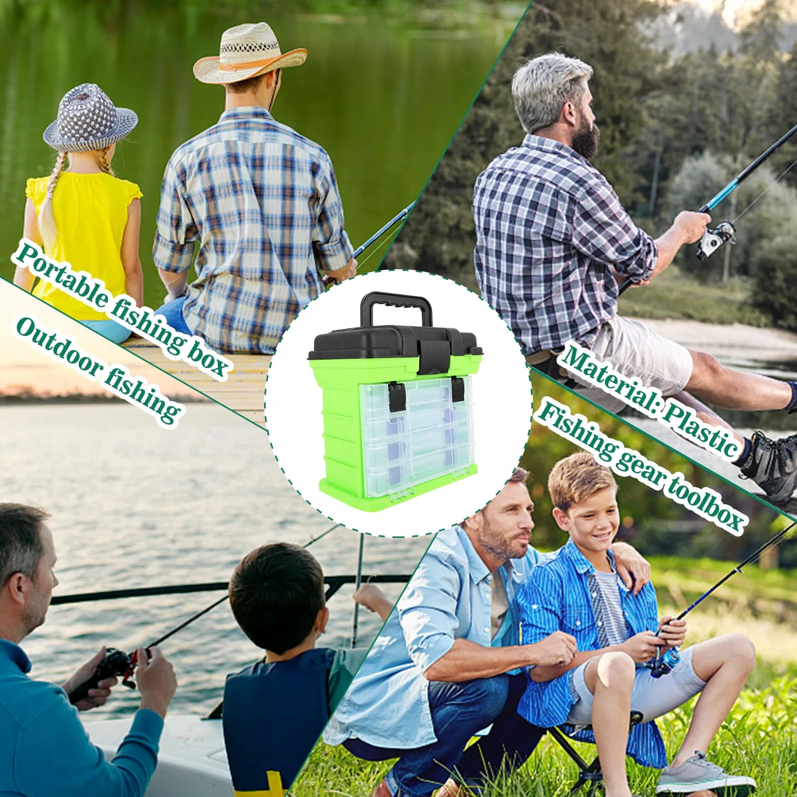 Caja de Pesca Multifuncional Caja de Aparejos de Pesca de Plástico Verde Estuche Multiusos de 4 Niveles Fácil de Transportar Gran Capacidad de Carga Pequeños Accesorios