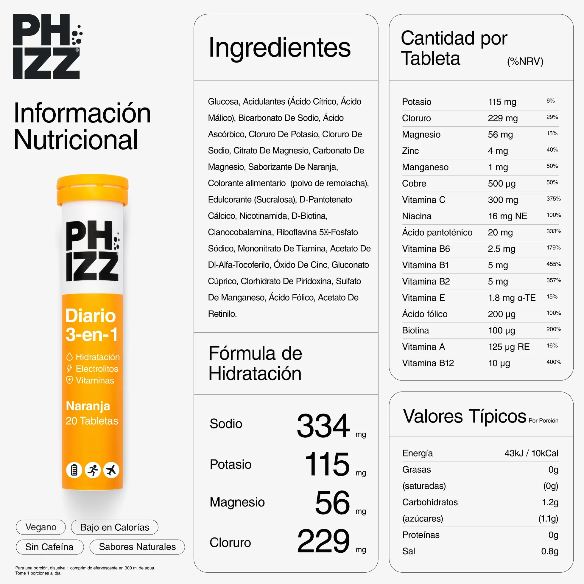 Phizz Electrolitos Multivitaminas e Hidratación Efervescente 20 Comprimidos - 18 Vitaminas y Minerales, Vitamina C, Naranja