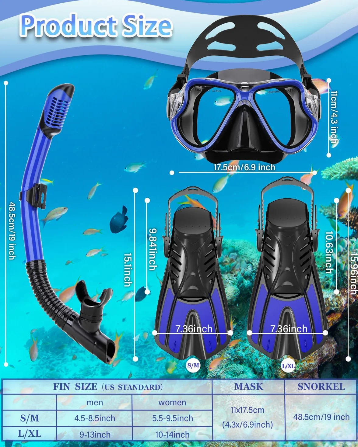 Equipo de Esnórquel para Buceo, para Adultos con Aletas