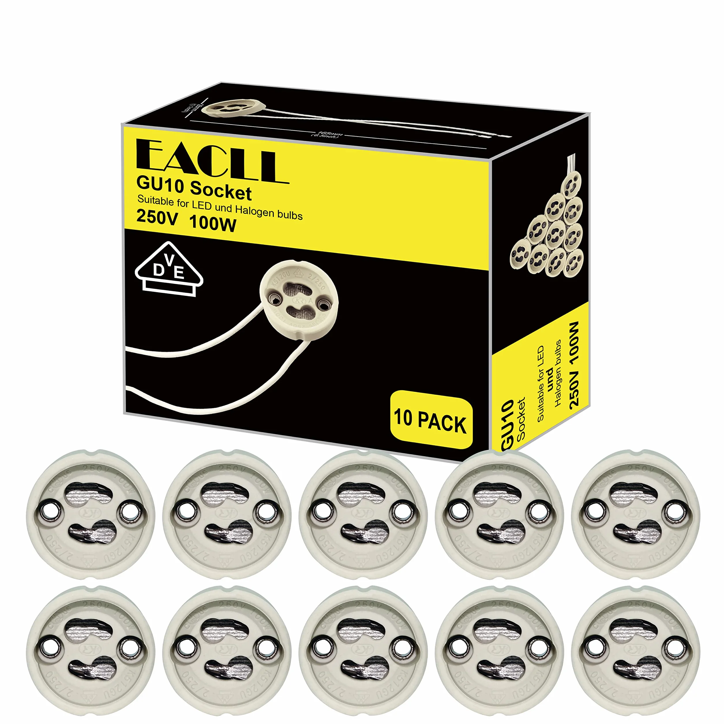 EACLL GU10 Bases para Lámparas, Casquillo Portalámparas Zócalo de Cerámica, Pack de 10, Con Cable de Silicona