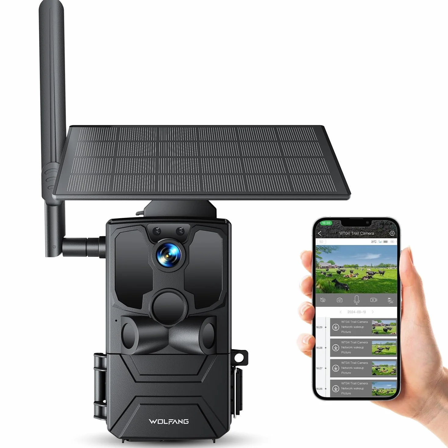 WOLFANG Cámara de Caza Solar, 4G LTE Camara Fototrampeo 2.5K con Detección PIR Nocturna por Infrarrojos Invisible, Alerta, Audio Bidireccional, IP66 para Vida Silvestre y Monitoreo de Seguridad, negro