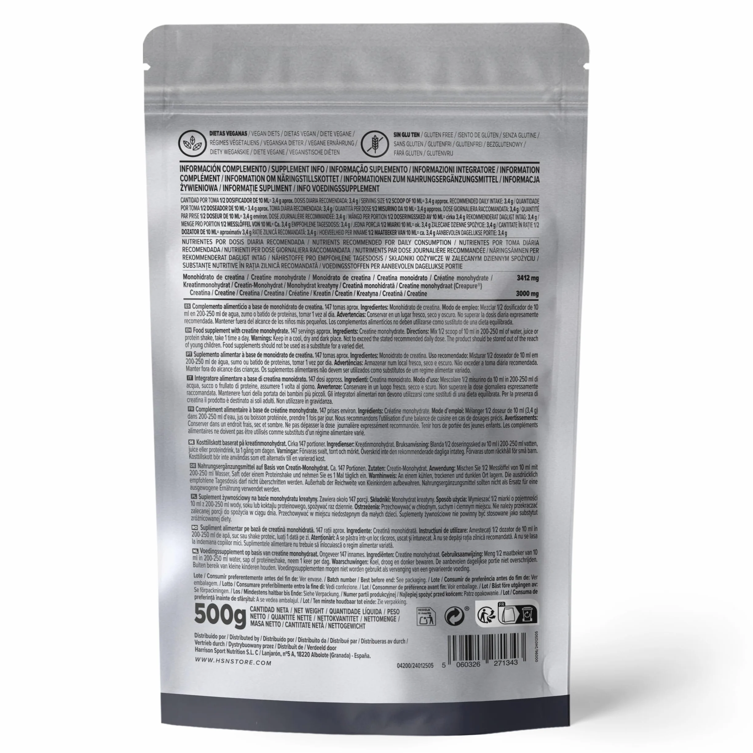 HSN Creatina 100% CREAPURE en Polvo Sin Sabor 500g Monohidrato de Creatina Micronizada