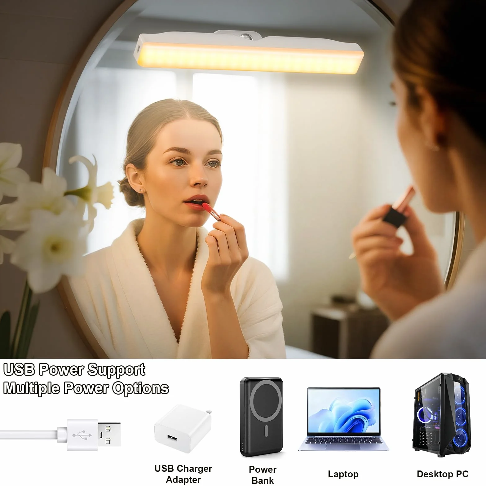 Lámpara Sin Cables LED Recargable 4000mAH para Espejo de Maquillaje con Brillo Ajustable