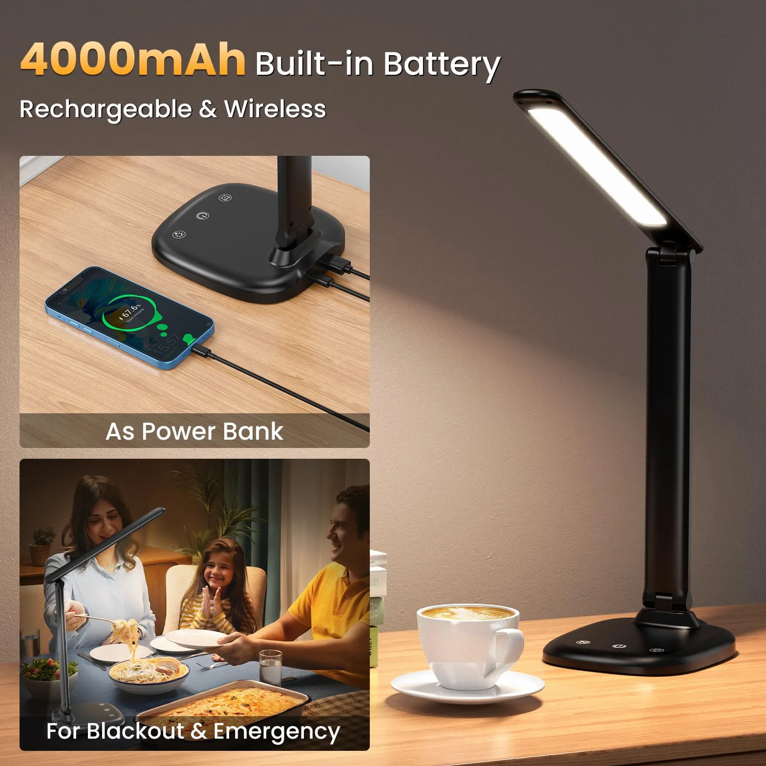 Lámpara de Escritorio LED, 5 Modos, Batería 4000mAh, Puerto USB, Control Táctil, Temporizador