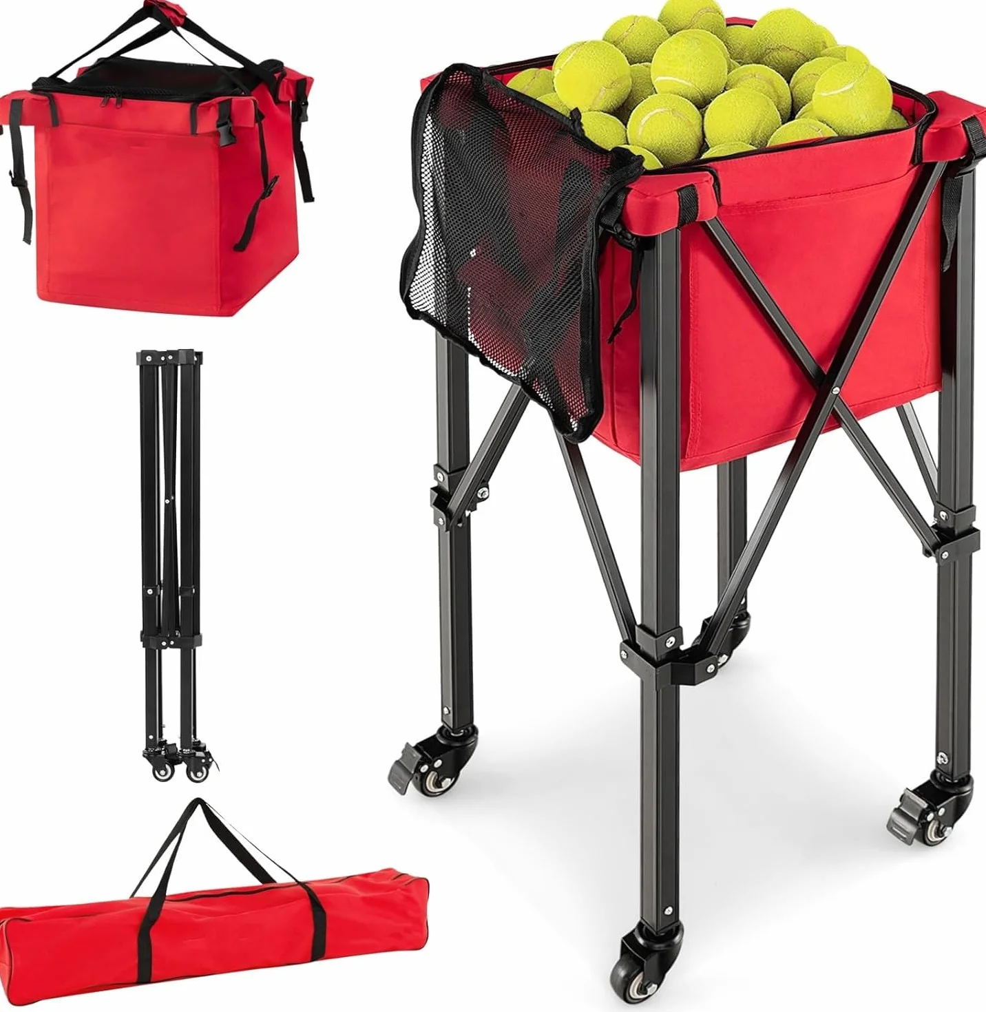 GYMAX Carrito para Pelotas de Tenis, con Marco de Aluminio y Bolsa de Transporte, Carrito de Tenis de hasta 30 kg, Carrito de Transporte para Pelotas de Tenis, Béisbol y Pelotas de Pickball