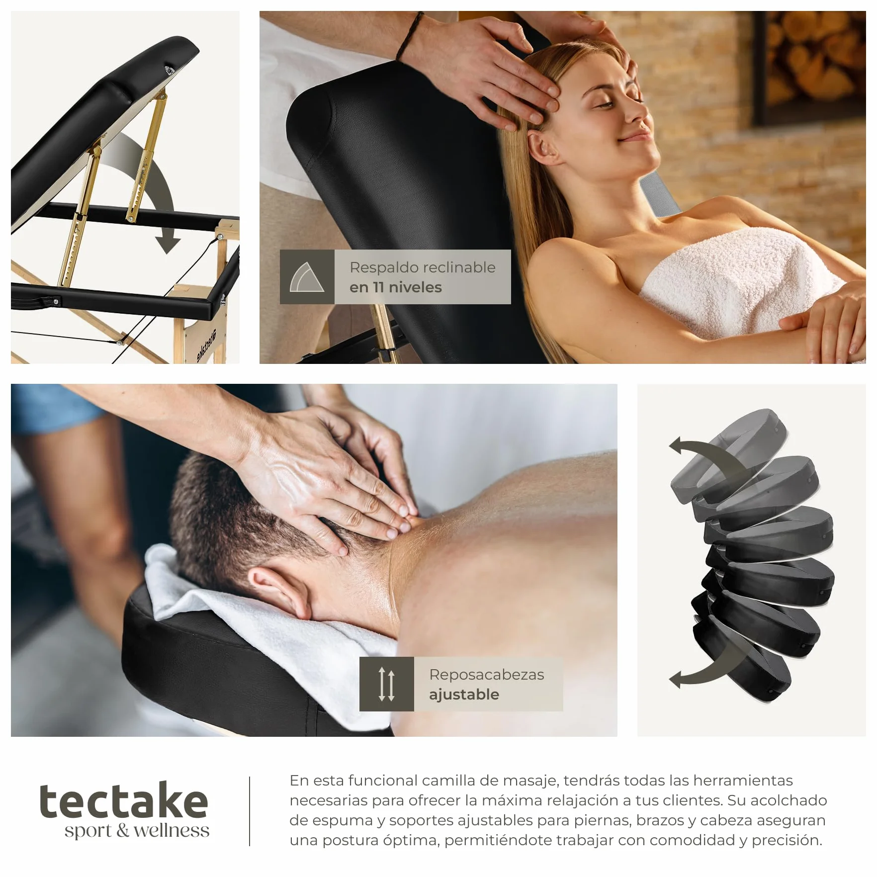 Tectake Camilla Masaje Plegable de Madera Profesional para Fisioterapia con Taburete, Cojines y Bolsa Transporte - Negro