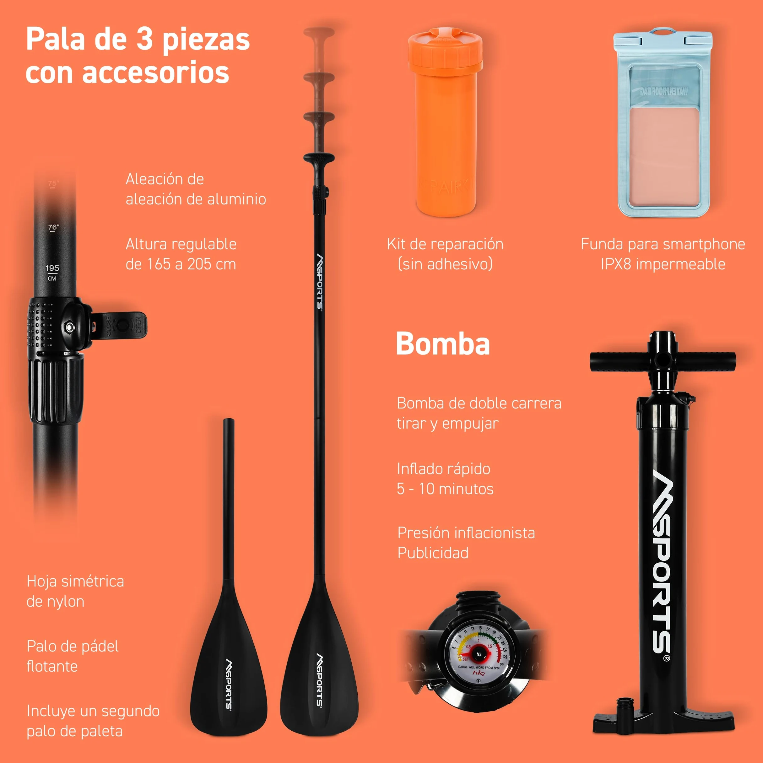 MSPORTS SUP - Tabla de surf de remo hinchable, accesorios completos, remo ajustable, bomba de alta calidad + 2 bastones de remo + bolsa impermeable para smartphone + bolsa multifunción