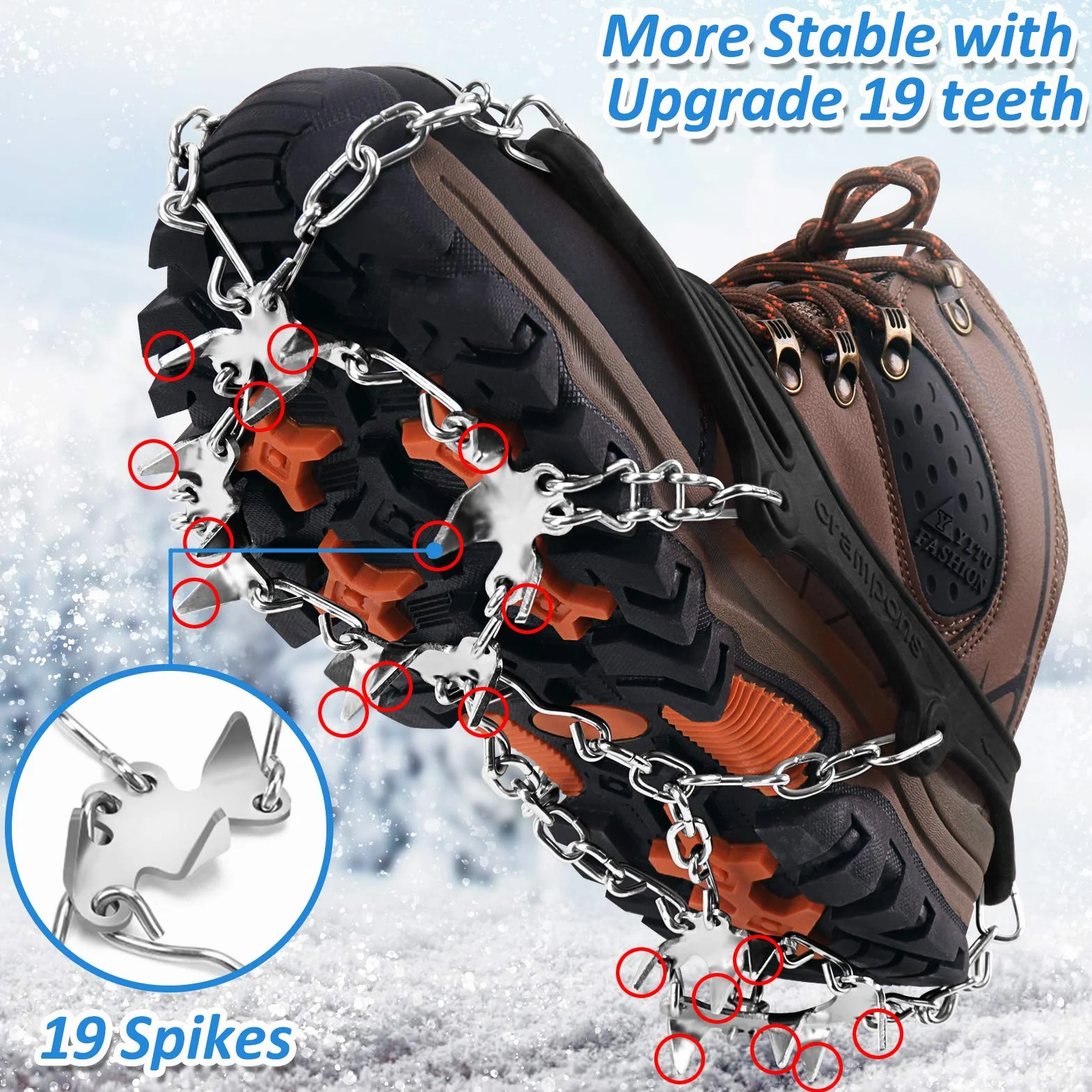 WIN.MAX Crampones, 19 Garras de Dientes Crampones Cubierta Antideslizante de Zapatos con Cadena de Acero Inoxidable para Excursiones Pesca Escalada Trotar sobre Nieve y Hielo