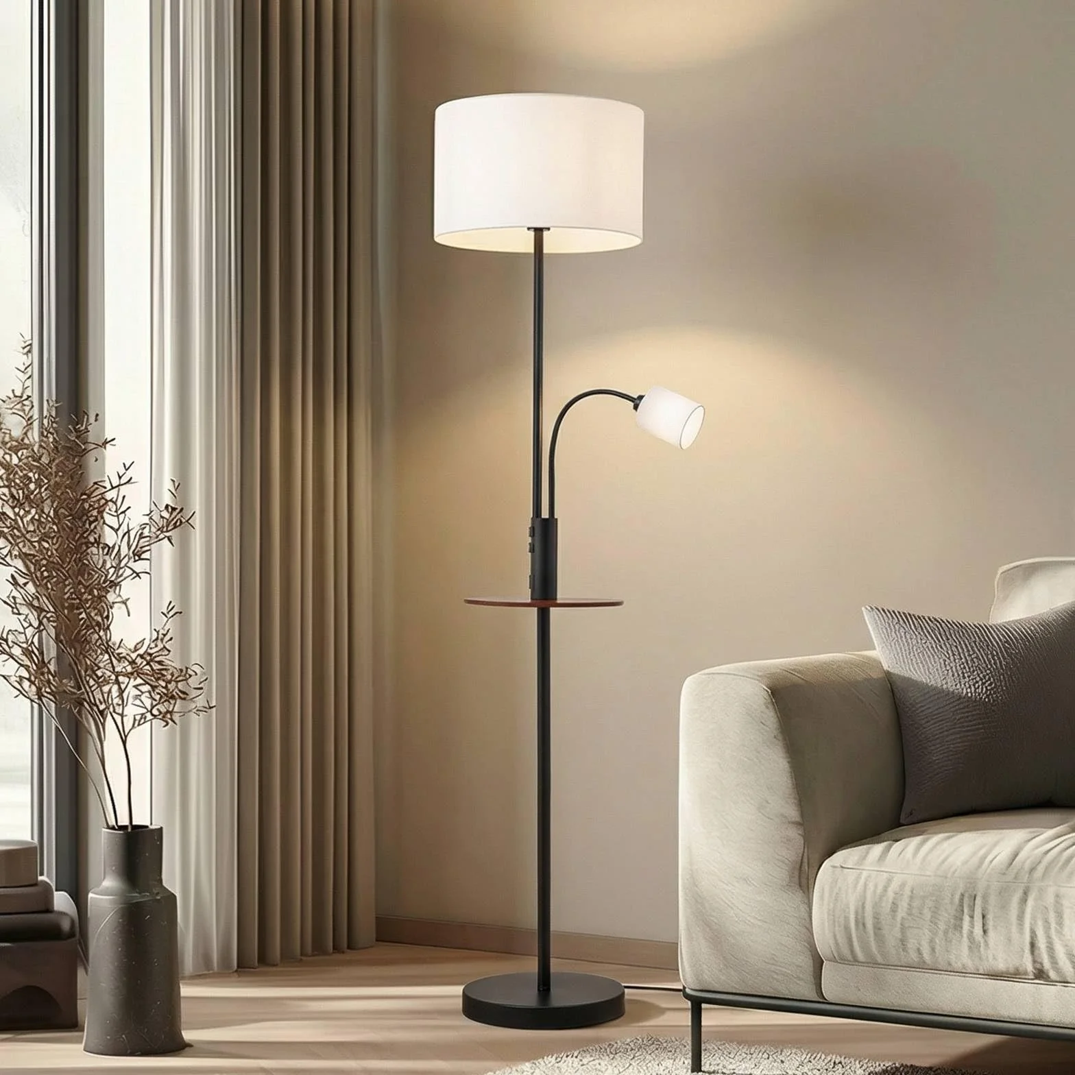 Lindby Lámpara de pie Aovan con estación carga USB Negro Metal Salón Comedor 1 llama E27