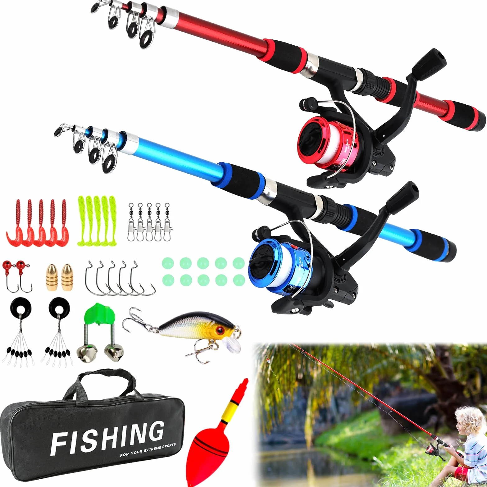 Juego de 2 cañas de pescar para niños, caña de pescar para niños, caña de pescar telescópica, 180 cm, caña de pescar telescópica portátil y carrete con cebo de línea de pesca, bolsa para niños y