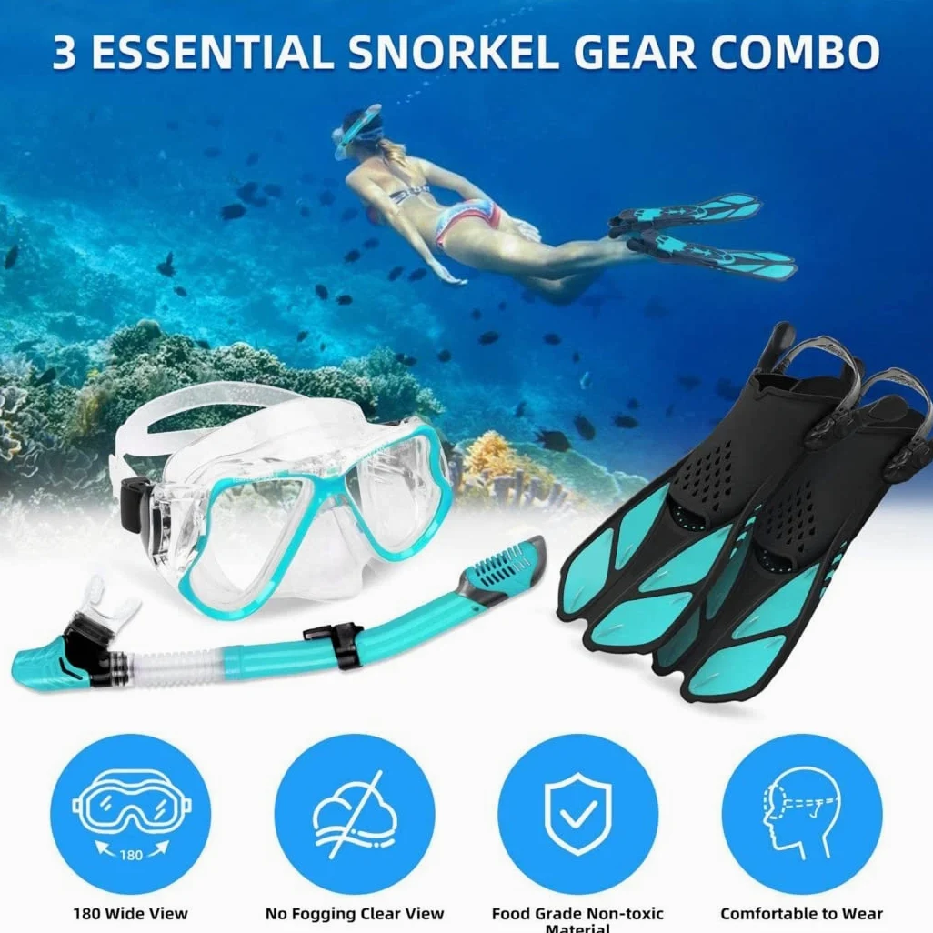 Máscaras de Buceo Profesionales + Tubo de respiración + Aletas, Juego de esnórquel, Gafas de natación antivaho de Silicona para Adultos, máscara de esnórquel,Negro,L/XL
