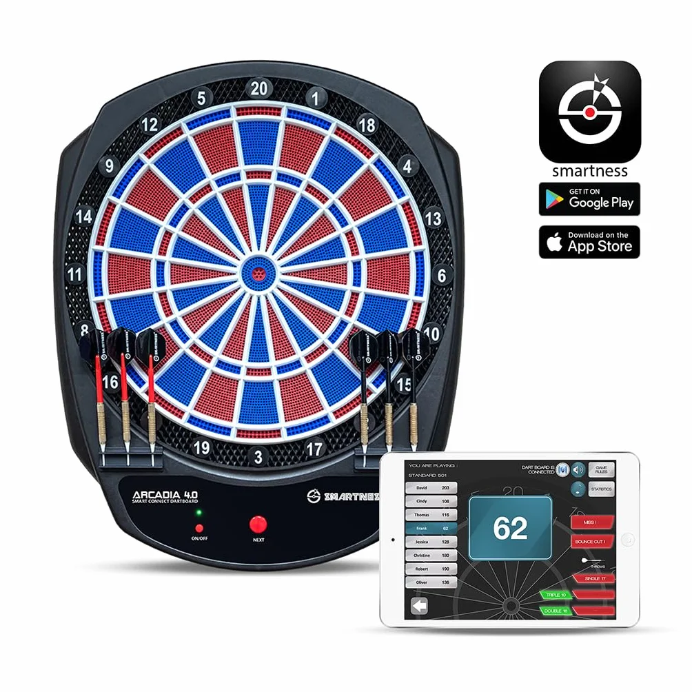 Carromco Smartness Arcadia 4.0 - Diana electrónica Profesional con aplicación, Rojo-Azul, para 1-8 Jugadores, Dardos Blandos, Cable USB, 17 Juegos y 312 Variantes (Incluido el críquet)