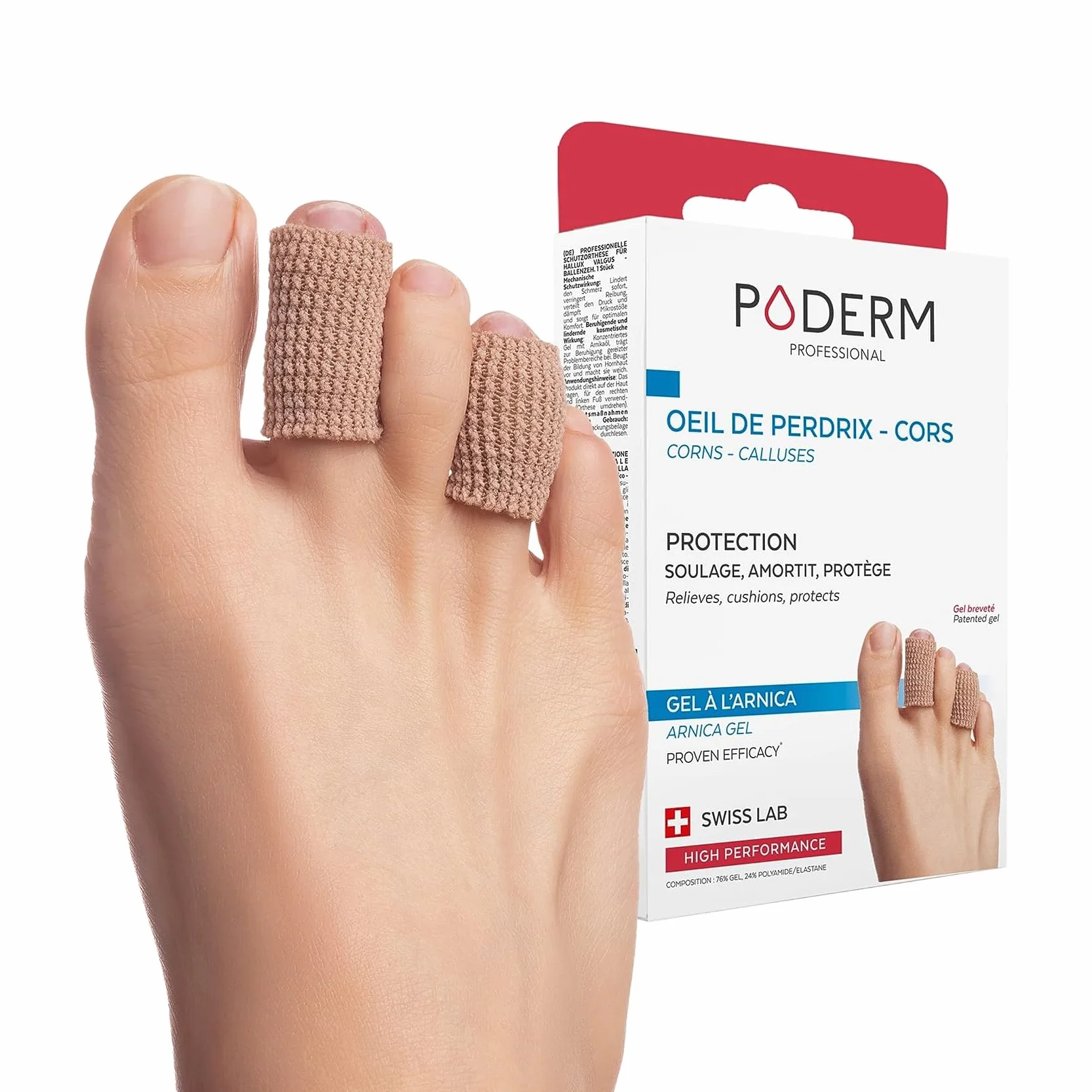 PODERM PROTECTOR DIGITUBO CALLOS OJOS DE GALLO Protector de dedos del pie 2 protectores reutilizables 7 cm Ingredientes 100% naturales Swiss Made