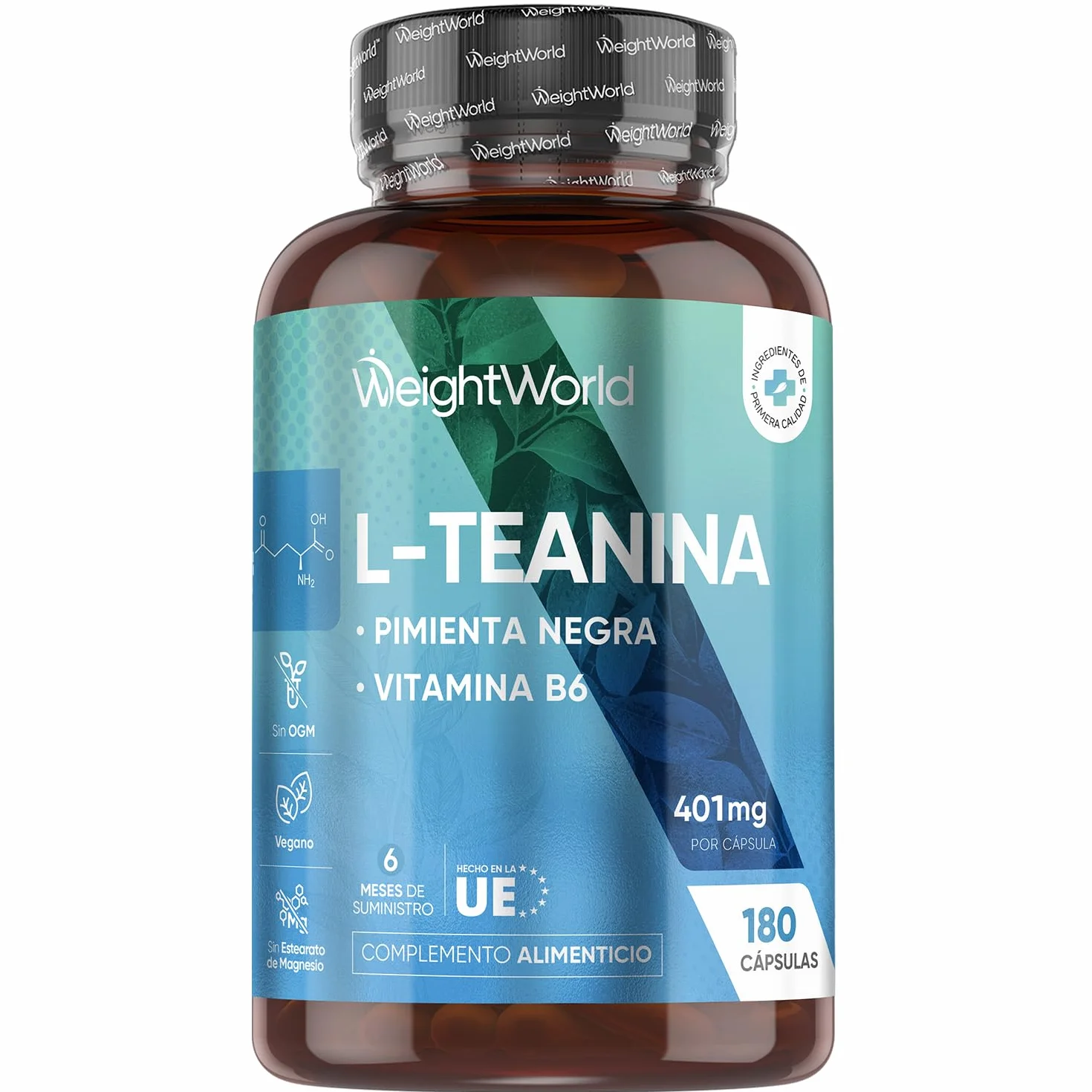 L Teanina 400mg con Vitamina B6 y Pimienta Negra - 180 Cápsulas Veganas de Té Verde y Negro