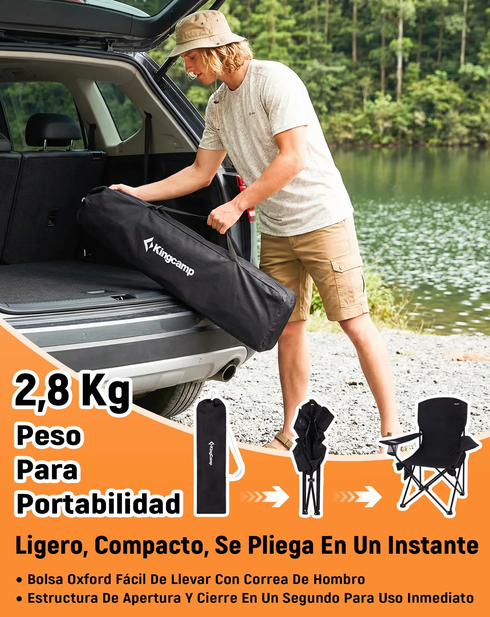 KingCamp Silla de Camping Plegable Ergonómica Acolchada 150 kg | Con Portavasos, Bolsillo Lateral, Solo 2,8 kg, Tamaño Compacto 15×15×93 cm para Camping, Jardín, Pesca y Exterior