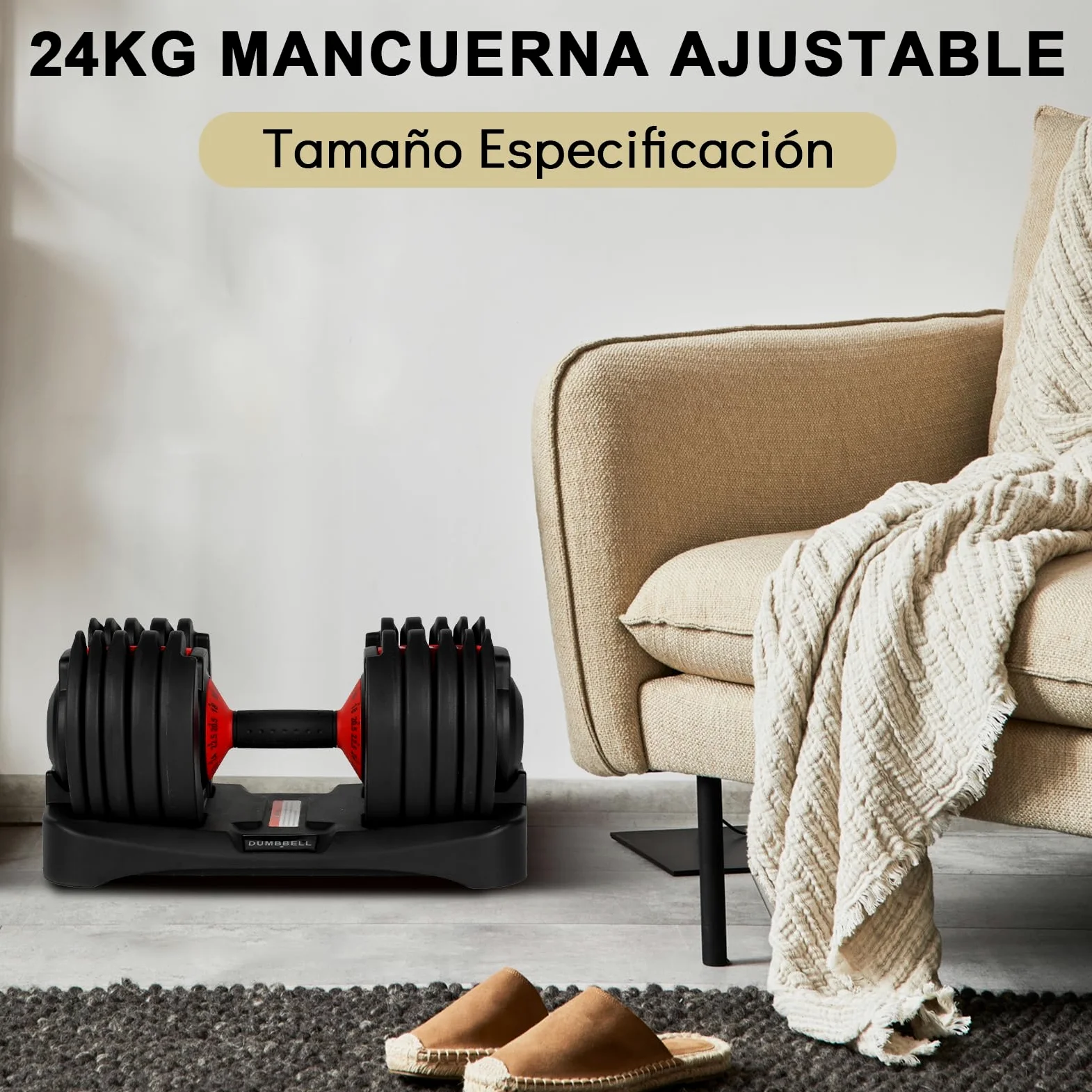 24kg Mancuerna Ajustable,Pesas y Mancuernas,Mancuernas Cortas Ajustables,15 Niveles de Peso,Ajuste Rápido Ajuste Con Una Sola Pulsación,Juego de Mancuerna con Discos de Pesas (Único 24kg)