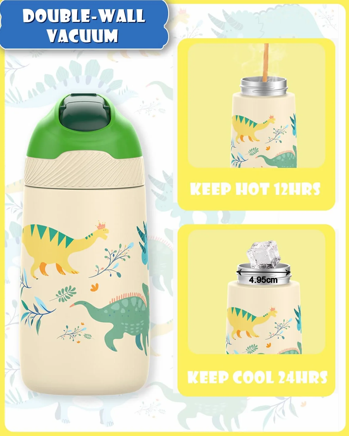 FEIJIAN Botella Agua Acero Inoxidable Niños Sin BPA/Sin Fugas, 350/400ML Botella Termica con Pajita Doble Pared, Botellas de Frío/Caliente Reutilizable para Colegio