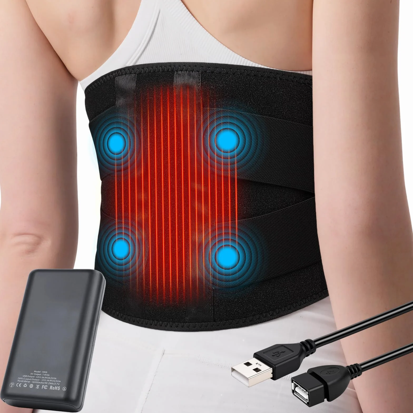 Almohadilla Eléctrica Lumbar, 16000mAh Manta Eléctrica Para Cintura Inalámbrica con 3 Modos De Calefacción Rápida y Masaje, Apagado Automático, para Espalda, Cuello, Hombros y Vientre (Negro)
