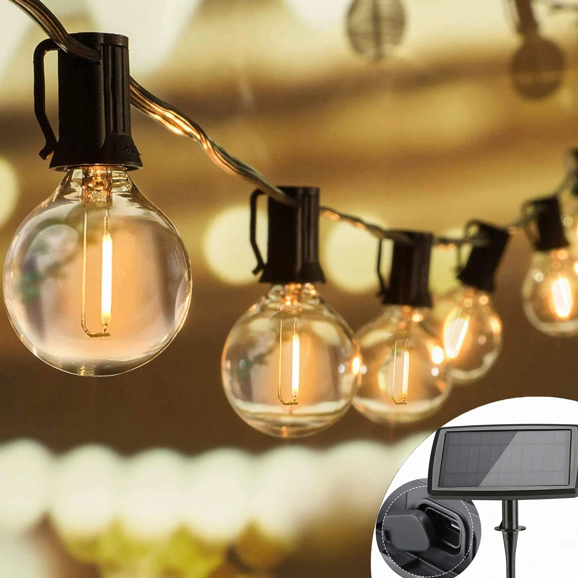 Joomer Luces Solares LED Exterior Jardin USB Recargable 15,6M Guirnaldas 25+2 G40 Bombillas 4 Modos Blanco Cálido Impermeable