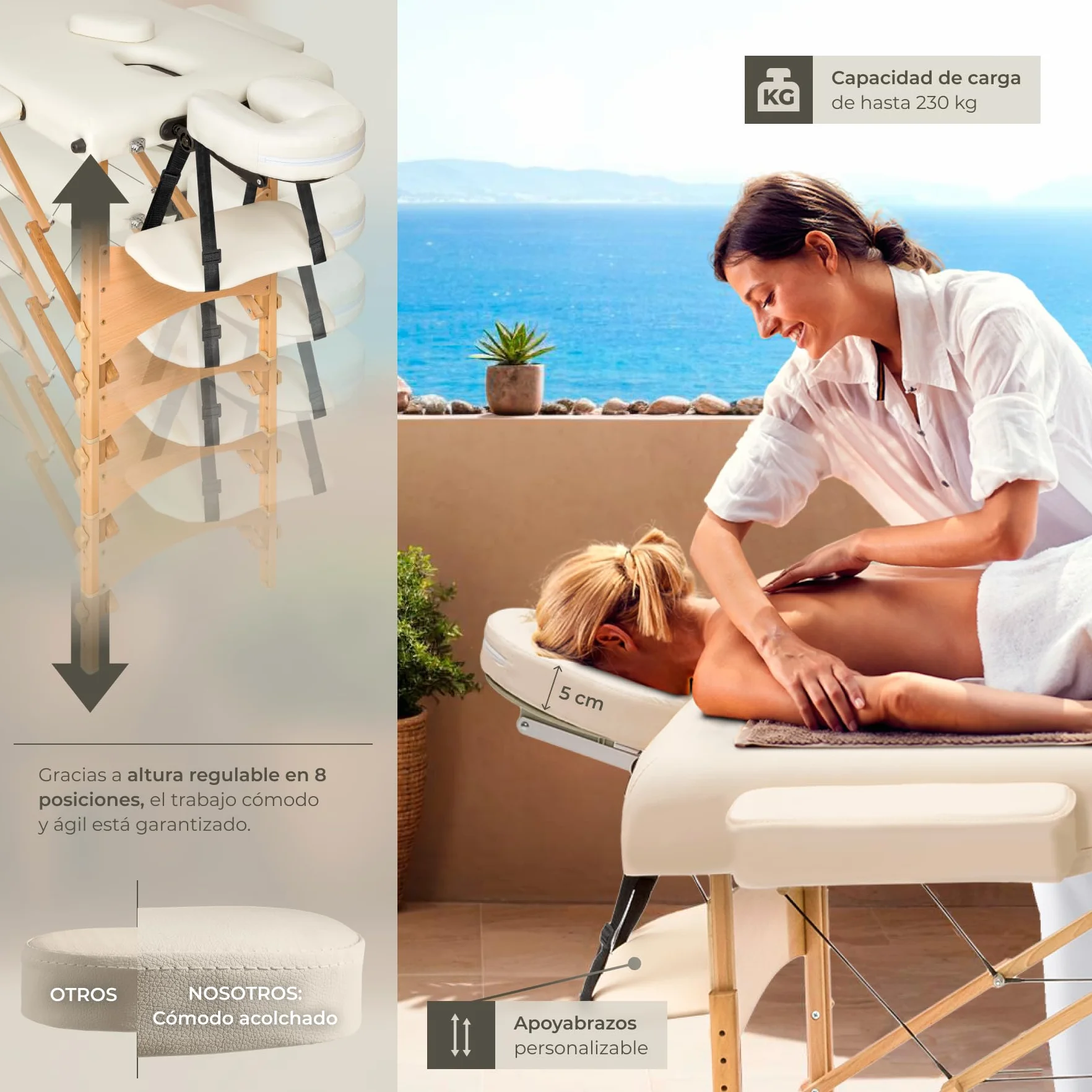 Camilla Masaje Plegable Profesional de Aluminio para Fisioterapia, Quiromasaje, Tatuajes, Reiki, Altura Ajustable, 2 Zonas, con Bolsa Transporte - Beige