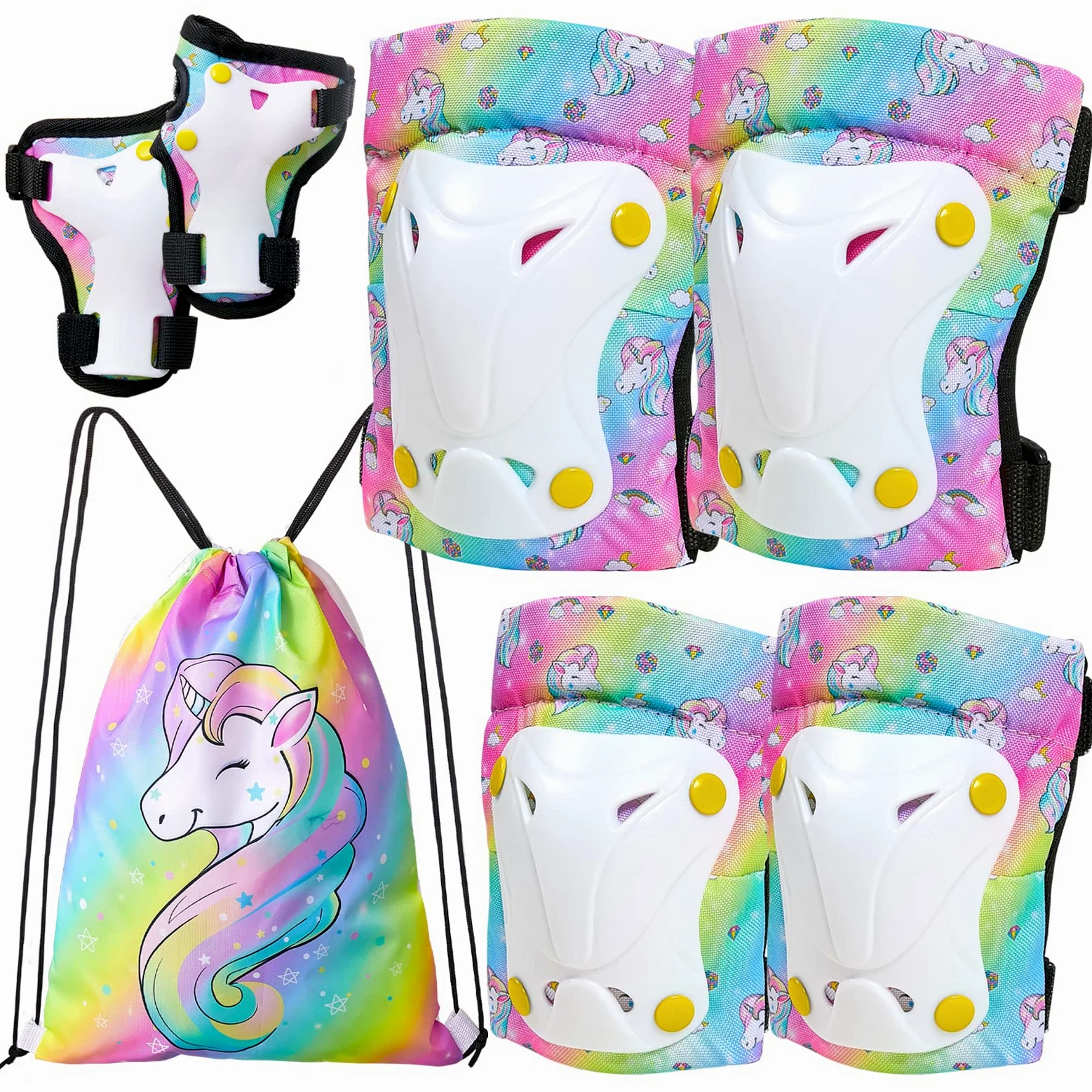 FIODAY Rodilleras para niños, jóvenes, unicornio, rodilleras, coderas, muñequeras con bolsa, juego de equipo de protección ajustable para patinaje en línea, ciclismo, monopatín, scooter