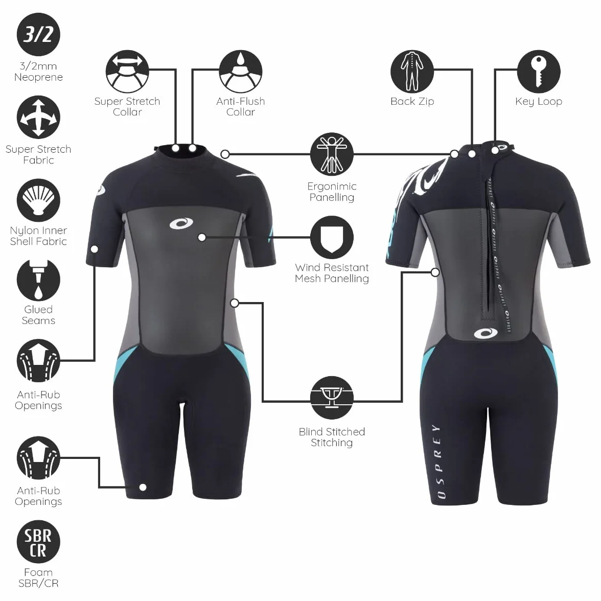 Osprey Traje de Neopreno Corto 3 mm Mujer Manga Corta Surf Buceo