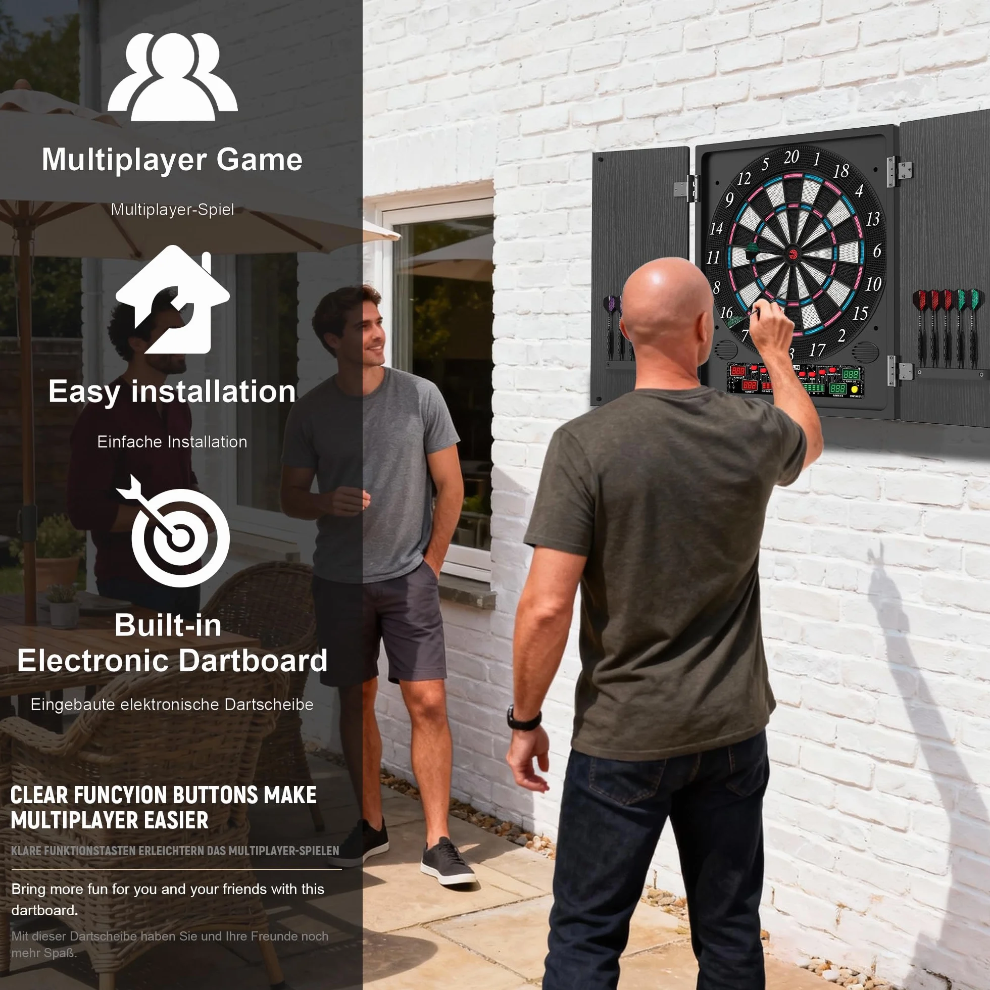CyeeLife Diana electrónica con gabinete de Madera, Juego de Dardos electrónico, Tablero de Dardos con 34 Juegos y 355 Variantes, Modo para 8 Jugadores, Pantalla LED, Voz Alemana