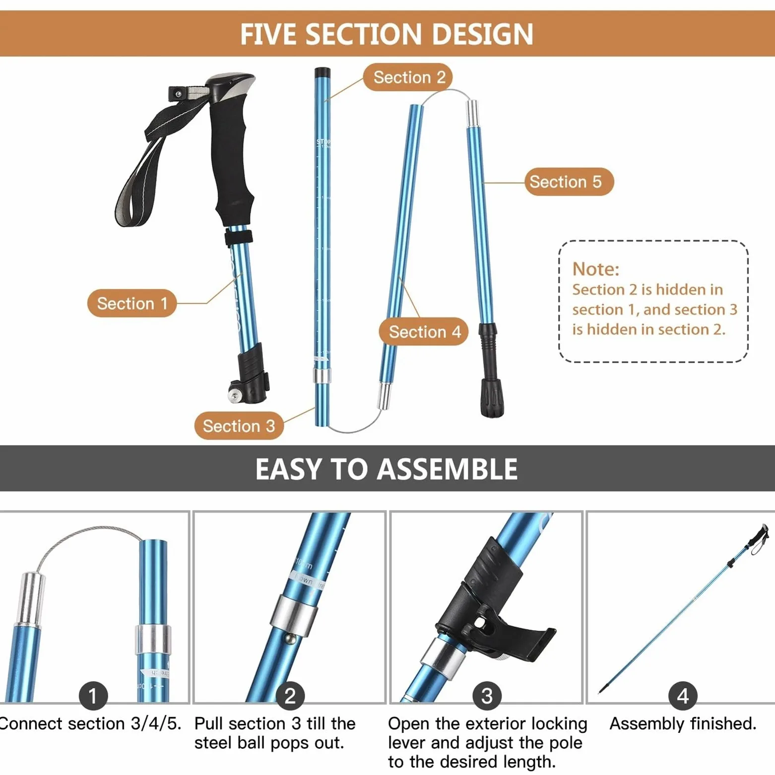 Bastones de Trekking Plegables de 5 Secciones, Ligeros y de Aluminio, Ideales for Senderismo.