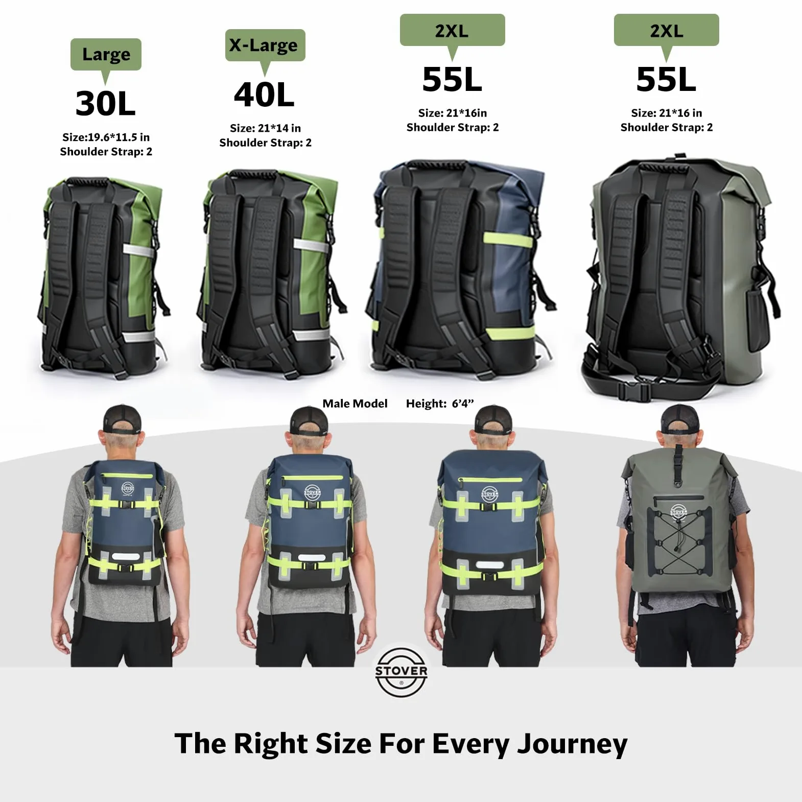 STOVER Bolsa seca impermeable de 25/30/40/55 L, mochila seca resistente con parte superior enrollable para kayak, canotaje, camping, hombres y mujeres, Verde, 40L US, Bolsa seca