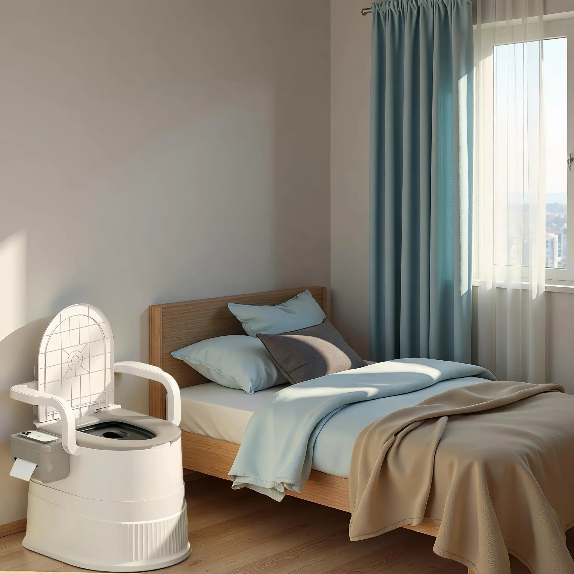 Silla de inodoro portátil con respaldo y reposabrazos, diseño ergonómico, capacidad de 150 kg, fácil de limpiar, ideal para ancianos, mujeres embarazadas, camping, autocaravana, exterior y