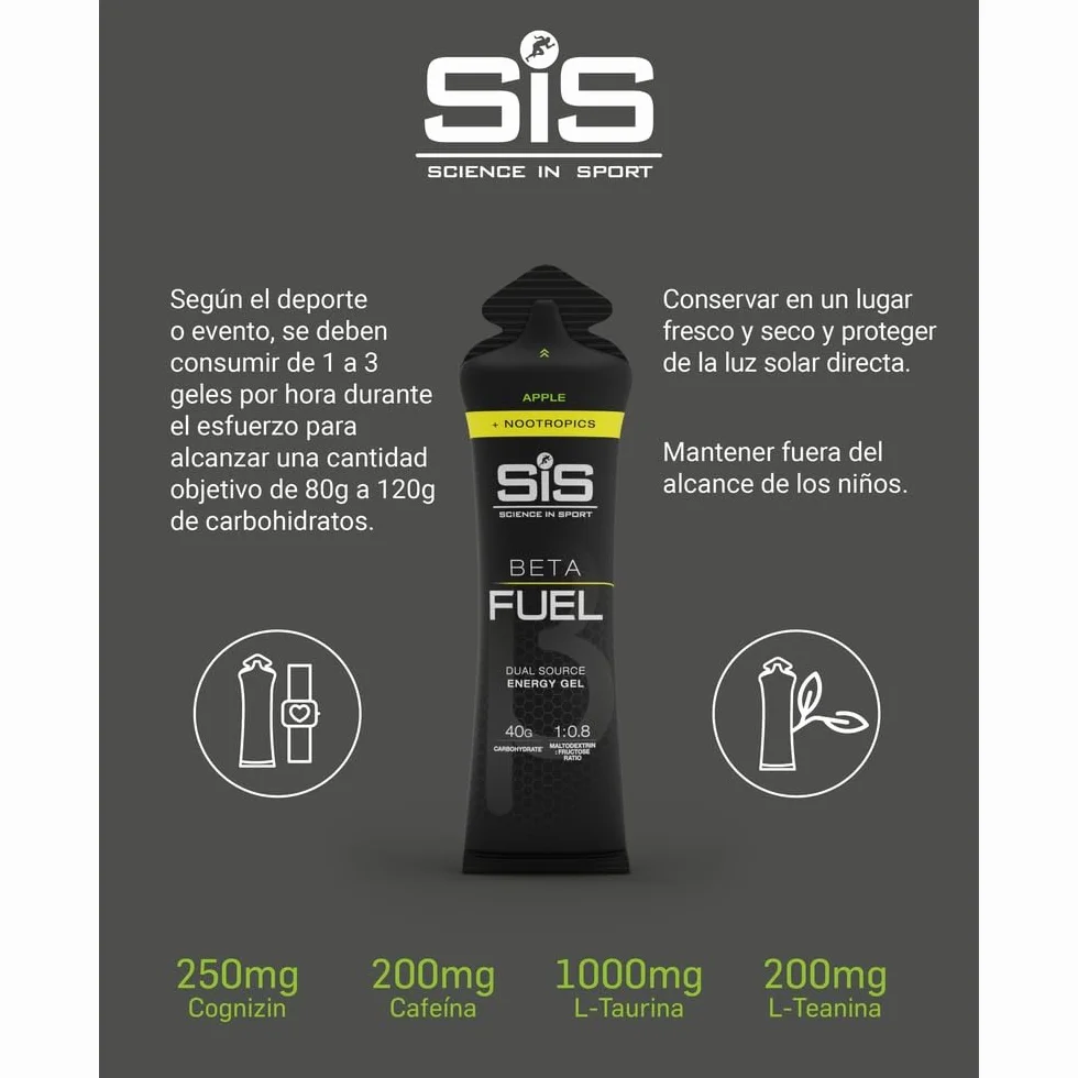 Science in Sport BETA Fuel + Nootropics Gel 6x60ml Manzana - Gel energético con 40g carbohidratos para deportes de resistencia