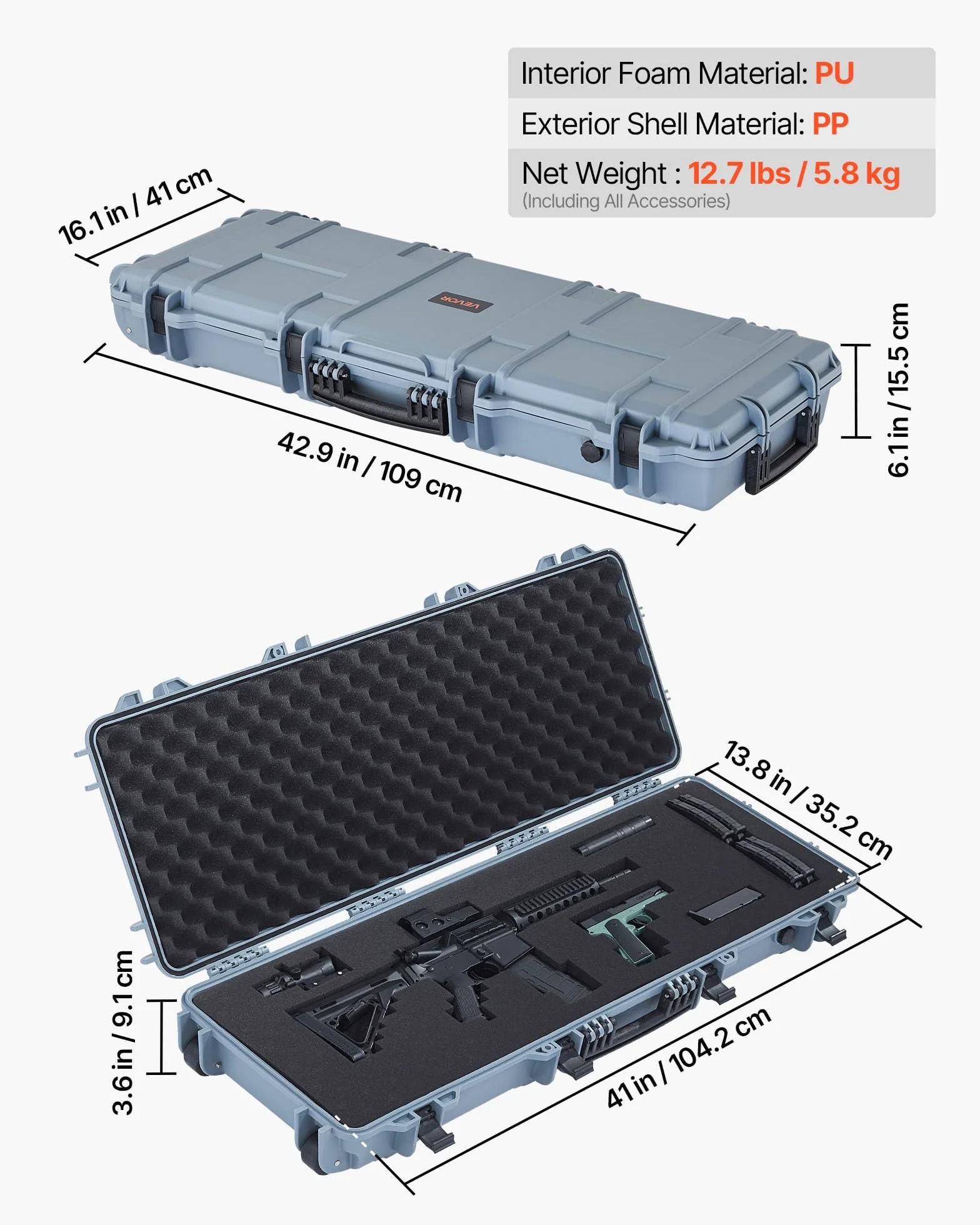 VEVOR Estuche Rígido para Armas Largas, IP67, 1090 x 410 x 155 mm, Gris